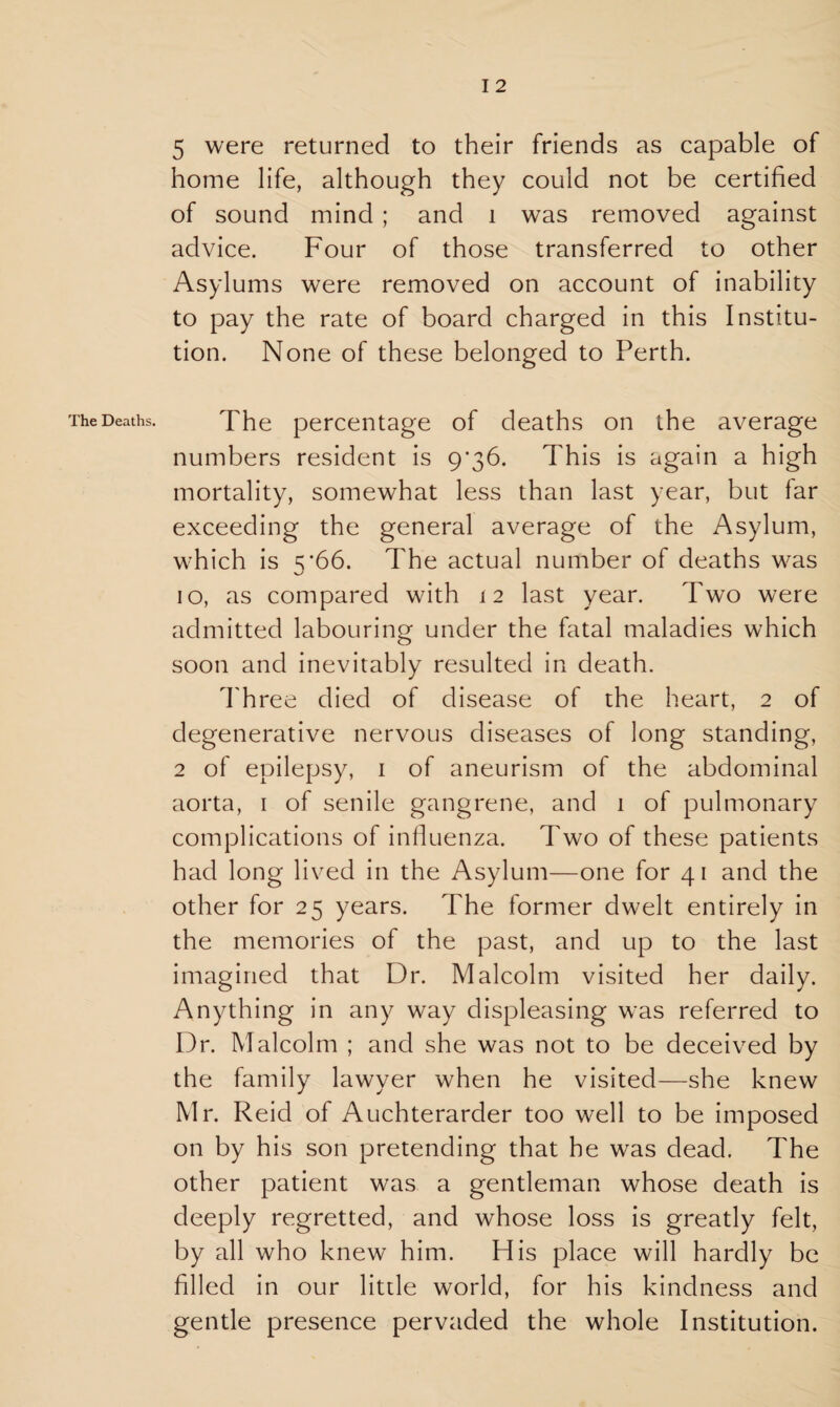 The Deaths. 5 were returned to their friends as capable of home life, although they could not be certified of sound mind ; and i was removed against advice. Four of those transferred to other Asylums were removed on account of inability to pay the rate of board charged in this Institu¬ tion. None of these belonged to Perth. The percentage of deaths on the average numbers resident is 9*36. This is again a high mortality, somewhat less than last year, but far exceeding the general average of the Asylum, which is 5*66. The actual number of deaths was 10, as compared with 12 last year. Two were admitted labouring under the fatal maladies which soon and inevitably resulted in death. Three died of disease of the heart, 2 of degenerative nervous diseases of long standing, 2 of epilepsy, 1 of aneurism of the abdominal aorta, 1 of senile gangrene, and 1 of pulmonary complications of influenza. Two of these patients had long lived in the Asylum—one for 41 and the other for 25 years. The former dwelt entirely in the memories of the past, and up to the last imagined that Dr. Malcolm visited her daily. Anything in any way displeasing was referred to Dr. Malcolm ; and she was not to be deceived by the family lawyer when he visited—she knew Mr. Reid of Auchterarder too well to be imposed on by his son pretending that he was dead. The other patient was a gentleman whose death is deeply regretted, and whose loss is greatly felt, by all who knew him. His place will hardly be filled in our little world, for his kindness and gentle presence pervaded the whole Institution.