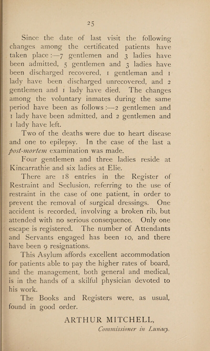 Since the date of last visit the following changes among the certificated patients have taken place :—7 gentlemen and 3 ladies have been admitted, 5 gentlemen and 3 ladies have been discharged recovered, 1 gentleman and 1 lady have been discharged unrecovered, and 2 gentlemen and 1 lady have died. The changes among the voluntary inmates during the same period have been as follows :—2 gentlemen and 1 lady have been admitted, and 2 gentlemen and 1 lady have left. Two of the deaths were due to heart disease and one to epilepsy. In the case of the last a post-mortem examination was made. Four gentlemen and three ladies reside at Kincarrathie and six ladies at Elie. There are 18 entries in the Register of Restraint and Seclusion, referring to the use of restraint in the case of one patient, in order to prevent the removal of surgical dressings. One accident is recorded, involving a broken rib, but attended with no serious consequence. Only one escape is registered. The number of Attendants and Servants engaged has been 10, and there have been 9 resignations. This Asylum affords excellent accommodation for patients able to pay the higher rates of board, and the management, both general and medical, is in the hands of a skilful physician devoted to his work. The Books and Registers were, as usual, found in good order. ARTHUR MITCHELL, Commissioner in Lunacy.