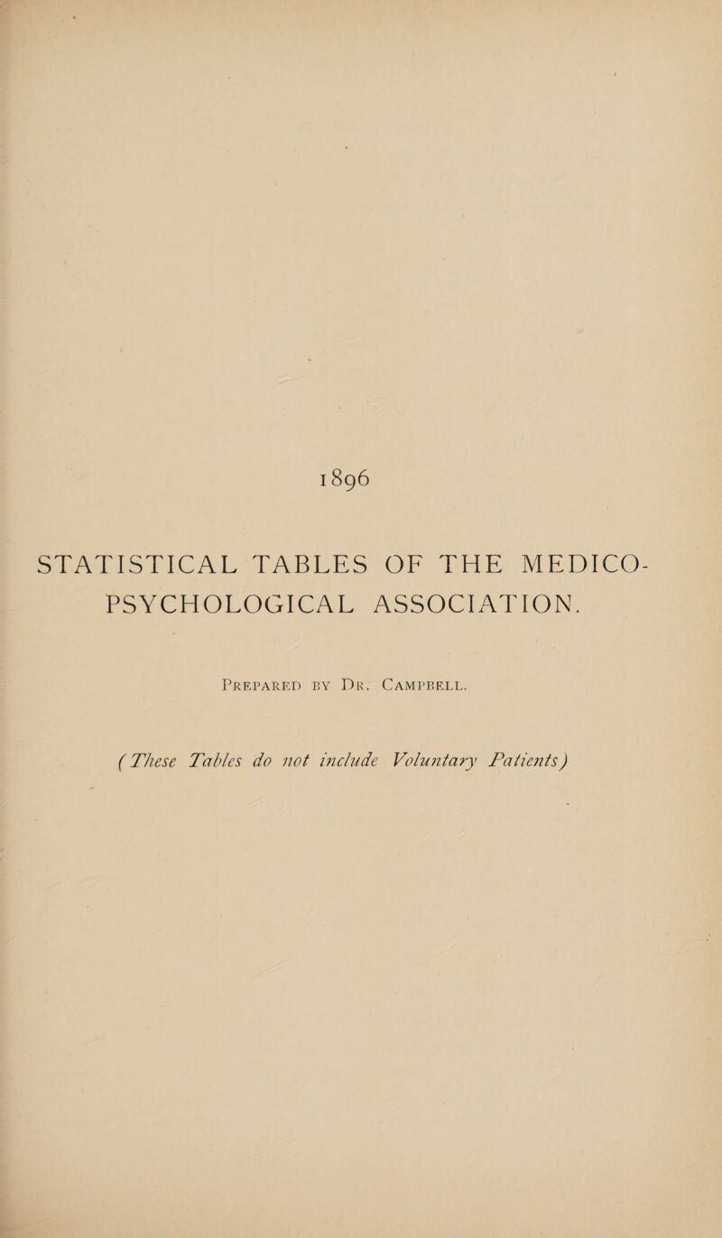 1896 STATISTICAL TABLES OF THE MEDICO- PSYCHOLOGICAL ASSOCIATION. Prepared by Dr. Campbell. (These Tables do not include Voluntary Patients)
