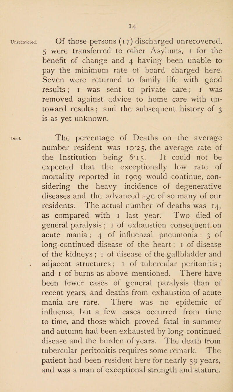 H Unrecovered. Died. Of those persons (17) discharged unrecovered, 5 were transferred to other Asylums, 1 for the benefit of change and 4 having been unable to pay the minimum rate of board charged here. Seven were returned to family life with good results; 1 was sent to private care; 1 was removed against advice to home care with un¬ toward results ; and the subsequent history of 3 is as yet unknown. The percentage of Deaths on the average number resident was 10*25, the average rate of the Institution being 6*15. It could not be expected that the exceptionally low rate of mortality reported in 1909 would continue, con¬ sidering the heavy incidence of degenerative diseases and the advanced age of so many of our residents. The actual number of deaths was 14, as compared with 1 last year. Two died of general paralysis ; 1 of exhaustion consequent on acute mania; 4 of influenzal pneumonia; 3 of long-continued disease of the heart; 1 of disease of the kidneys ; 1 of disease of the gallbladder and adjacent structures; 1 of tubercular peritonitis ; and 1 of burns as above mentioned. There have been fewer cases of general paralysis than of recent years, and deaths from exhaustion of acute mania are rare. There was no epidemic of influenza, but a few cases occurred from time to time, and those which proved fatal in summer and autumn had been exhausted by long-continued disease and the burden of years. The death from tubercular peritonitis requires some remark. The patient had been resident here for nearly 59 years, and was a man of exceptional strength and stature.