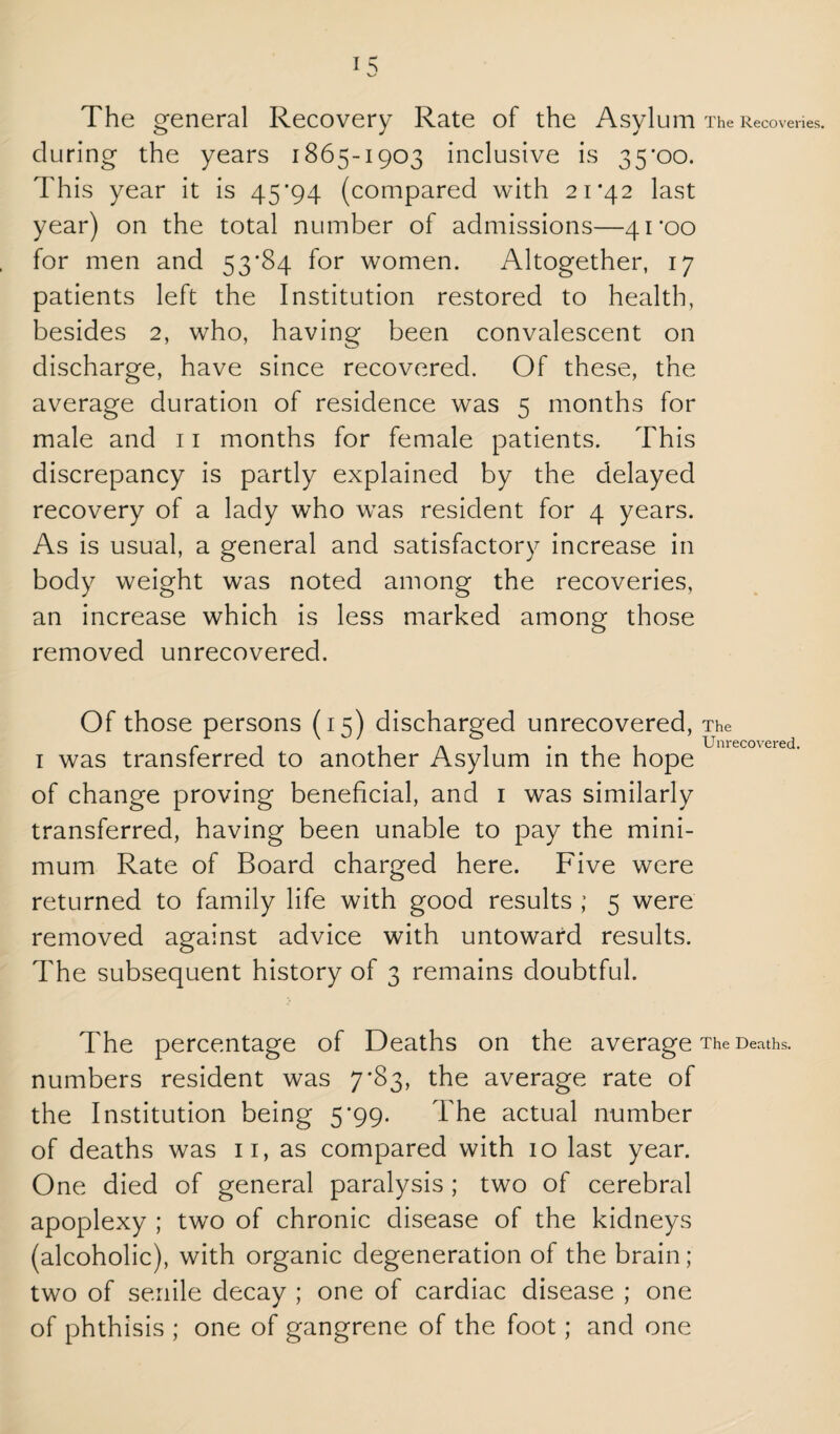 I ^ The general Recovery Rate of the Asylum The Recoveries, during the years 1865-1903 inclusive is 35’oo. This year it is 45*94 (compared with 21*42 last year) on the total number of admissions—41*00 for men and 53*84 for women. Altogether, 17 patients left the Institution restored to health, besides 2, who, having been convalescent on discharge, have since recovered. Of these, the average duration of residence was 5 months for male and 11 months for female patients. This discrepancy is partly explained by the delayed recovery of a lady who was resident for 4 years. As is usual, a general and satisfactory increase in body weight was noted among the recoveries, an increase which is less marked among those removed unrecovered. Of those persons (15) discharged unrecovered, The • XJnrecovereci I was transferred to another Asylum in the hope of change proving beneficial, and i was similarly transferred, having been unable to pay the mini¬ mum Rate of Board charged here. Five were returned to family life with good results ; 5 were removed against advice with untoward results. The subsequent history of 3 remains doubtful. The percentage of Deaths on the average The Deaths, numbers resident was 7*83, the average rate of the Institution being 5*99. The actual number of deaths was ii, as compared with 10 last year. One died of general paralysis ; two of cerebral apoplexy ; two of chronic disease of the kidneys (alcoholic), with organic degeneration of the brain; two of senile decay ; one of cardiac disease ; one of phthisis ; one of gangrene of the foot; and one
