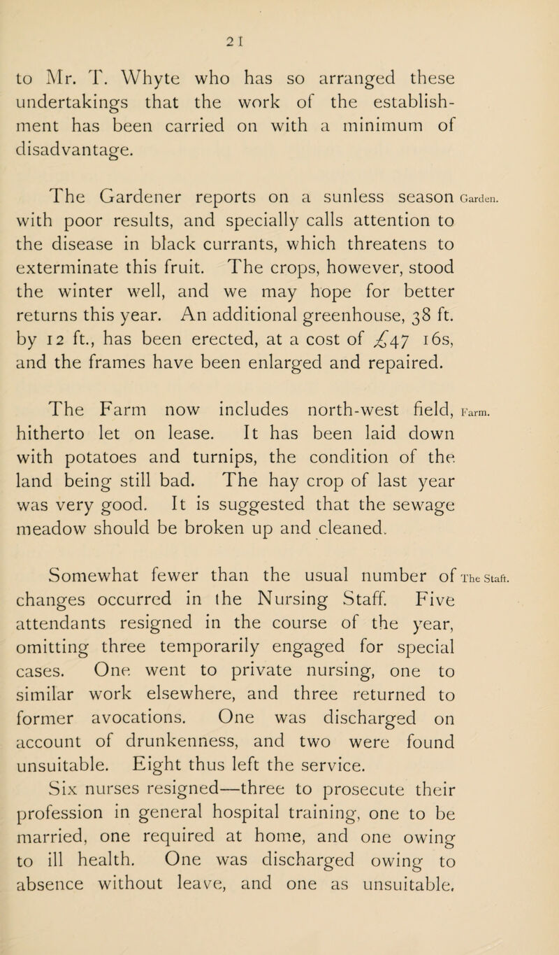 to Mr. T. Whyte who has so arranged these undertakings that the work of the establish¬ ment has been carried on with a minimum of disadvantage. The Gardener reports on a sunless season Garden, with poor results, and specially calls attention to the disease in black currants, which threatens to exterminate this fruit. The crops, however, stood the winter well, and we may hope for better returns this year. An additional greenhouse, 38 ft. by 12 ft., has been erected, at a cost of ^47 i6s, and the frames have been enlarged and repaired. The Farm now includes north-west held. Farm, hitherto let on lease. It has been laid down with potatoes and turnips, the condition of the land being still bad. The hay crop of last year was very good. It is suggested that the sewage meadow should be broken up and cleaned. Somewhat fewer than the usual number ofThestaft. changes occurred in the Nursing Staff. Five attendants resigned in the course of the year, omitting three temporarily engaged for special cases. One went to private nursing, one to similar work elsewhere, and three returned to former avocations. One was discharged on account of drunkenness, and two were found unsuitable. Eight thus left the service. Six nurses resigned—three to prosecute their profession in general hospital training, one to be married, one required at home, and one owing to ill health. One was discharged owing to absence without leave, and one as unsuitable.