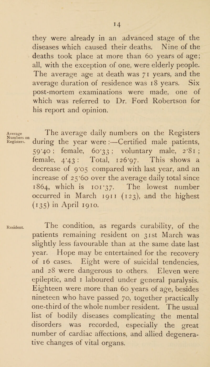 Average Numbers on Registers. Resident. they were already in an advanced stage of the diseases which caused their deaths. Nine of the deaths took place at more than 60 years of age; all, with the exception of one, were elderly people. The average age at death was 71 years, and the average duration of residence was 18 years. Six post-mortem examinations were made, one of which was referred to Dr. Ford Robertson for his report and opinion. The average daily numbers on the Registers during the year were :—Certified male patients, 59*40 ; female, 60*33 >' voluntary male, 2*81 ; female, 4*43: Total, 126*97. This shows a decrease of 9*05 compared with last year, and an increase of 25*60 over the average daily total since 1864, which is 101*37. The lowest number occurred in March 1911 (123), and the highest (135) in April 1910. The condition, as regards curability, of the patients remaining resident on 31st March was slightly less favourable than at the same date last year. Hope may be entertained for the recovery of 16 cases. Eight were of suicidal tendencies, and 28 were dangerous to others. Eleven were epileptic, and 1 laboured under general paralysis. Eighteen were more than 60 years of age, besides nineteen who have passed 70, together practically one-third of the whole number resident. The usual list of bodily diseases complicating the mental disorders was recorded, especially the great number of cardiac affections, and allied degenera¬ tive changes of vital organs.