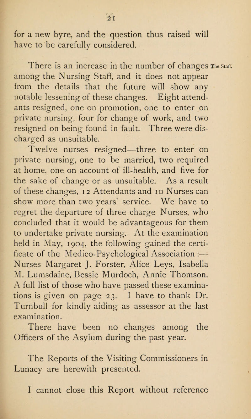 11 for a new byre, and the question thus raised will have to be carefully considered. There is an increase in the number of changes The staff, among the Nursing Staff, and it does not appear from the details that the future will show any notable lessening of these changes. Eight attend¬ ants resigned, one on promotion, one to enter on private nursing,, four for change of work, and two resigned on being found in fault. Three were dis¬ charged as unsuitable. Twelve nurses resigned—three to enter on private nursing, one to be married, two required at home, one on account of ill-health, and five for the sake of change or as unsuitable. As a result of these changes, 12 Attendants and 10 Nurses can show more than two years’ service. We have to regret the departure of three charge Nurses, who concluded that it would be advantageous for them to undertake private nursing. At the examination held in May, 1904, the following gained the certi¬ ficate of the Medico-Psychological Association :— Nurses Margaret J. Forster, Alice Leys, Isabella M. Lumsdaine, Bessie Murdoch, Annie Thomson. A full list of those who have passed these examina¬ tions is given on page 23. I have to thank Dr. Turnbull for kindly aiding as assessor at the last examination. There have been no changes among the Officers of the Asylum during the past year. The Reports of the Visiting Commissioners in Lunacy are herewith presented. I cannot close this Report without reference