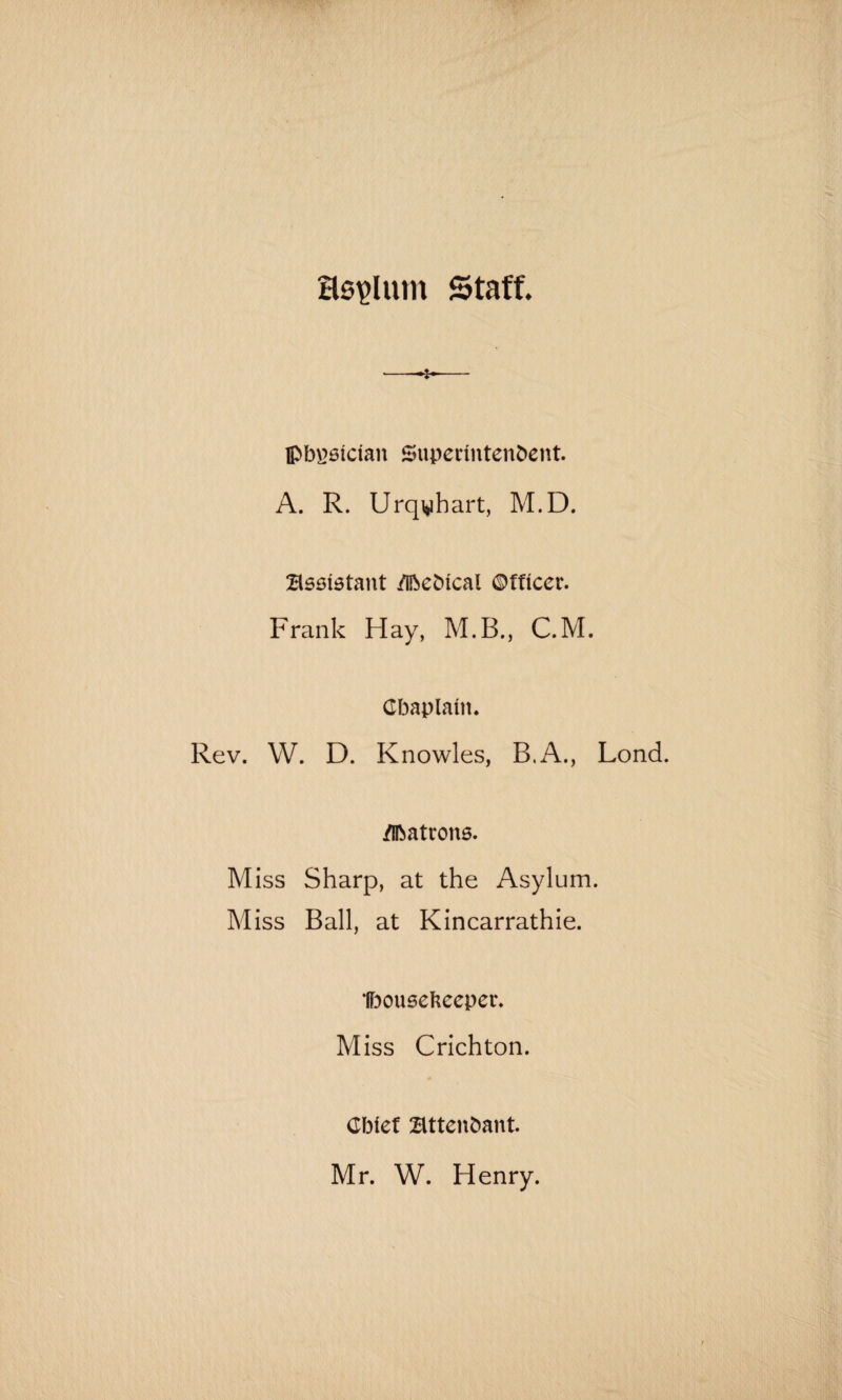 HspUim Staff. fabpsician Superintendent. A. R. Urqyhart, M.D. assistant /iftedical Officer. Frank Hay, M.B., C.M. Chaplain. Rev. W. D. Knowles, B.A., Lond. /Matrons. Miss Sharp, at the Asylum. Miss Ball, at Kincarrathie. Ibousefceeper. Miss Crichton. Chief attendant. Mr. W. Henry.