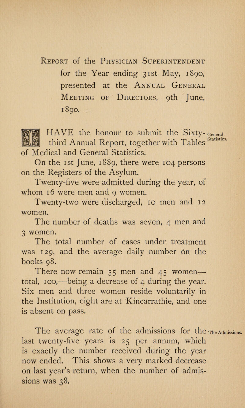 Report of the Physician Superintendent for the Year ending 31st May, 1890, presented at the Annual General Meeting of Directors, 9th June, 1890. of Medical and General Statistics. On the 1st June, 1889, there were 104 persons on the Registers of the Asylum. Twenty-five were admitted during the year, of whom 16 were men and 9 women. Twenty-two were discharged, 10 men and 12 women. The number of deaths was seven, 4 men and 3 women. The total number of cases under treatment was 129, and the average daily number on the books 98. There now remain 55 men and 45 women— total, 100,—being a decrease of 4 during the year. Six men and three women reside voluntarily in the Institution, eight are at Kincarrathie, and one is absent on pass. The average rate of the admissions for the The Admissions, last twenty-five years is 25 per annum, which is exactly the number received during the year now ended. This shows a very marked decrease on last year’s return, when the number of admis¬ sions was 38. HAVE the honour to submit the Sixty- General third Annual Report, together with Tables Statistics.