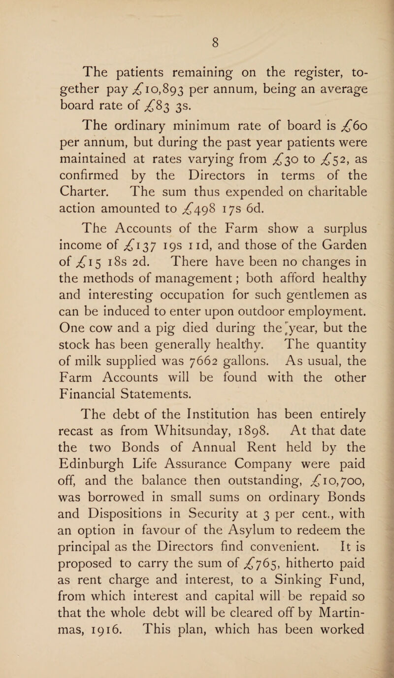 The patients remaining on the register, to¬ gether pay ,£10,893 per annum, being an average board rate of ,£83 3s. The ordinary minimum rate of board is ,£60 per annum, but during the past year patients were maintained at rates varying from ,£30 to ££2, as confirmed by the Directors in terms of the Charter. The sum thus expended on charitable action amounted to ,£498 17s 6d. The Accounts of the Farm show a surplus income of ,£137 19s nd, and those of the Garden of ,£15 18s 2d. There have been no changes in the methods of management; both afford healthy and interesting occupation for such gentlemen as can be induced to enter upon outdoor employment. One cow and a pig died during the^year, but the stock has been generally healthy. The quantity of milk supplied was 7662 gallons. As usual, the Farm Accounts will be found with the other Financial Statements. The debt of the Institution has been entirely recast as from Whitsunday, 1898. At that date the two Bonds of Annual Rent held by the Edinburgh Life Assurance Company were paid off, and the balance then outstanding, ,£10,700, was borrowed in small sums on ordinary Bonds and Dispositions in Security at 3 per cent., with an option in favour of the Asylum to redeem the principal as the Directors find convenient. It is proposed to carry the sum of ,£765, hitherto paid as rent charge and interest, to a Sinking Fund, from which interest and capital will be repaid so that the whole debt will be cleared off by Martin¬ mas, 1916. This plan, which has been worked