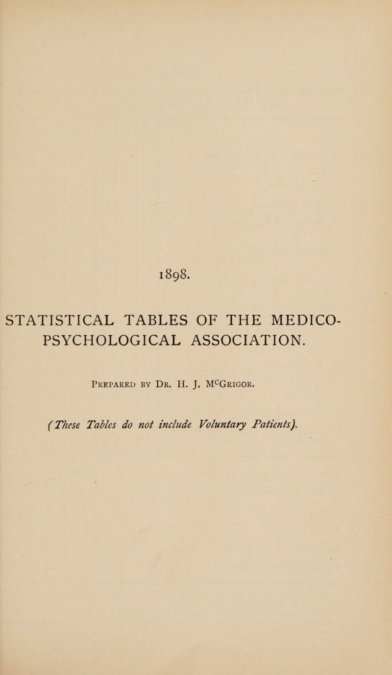 STATISTICAL TABLES OF THE MEDICO- PSYCHOLOGICAL ASSOCIATION. Prepared by Dr. H. J. McGrigor. (These Tables do not include Voluntary Patients).