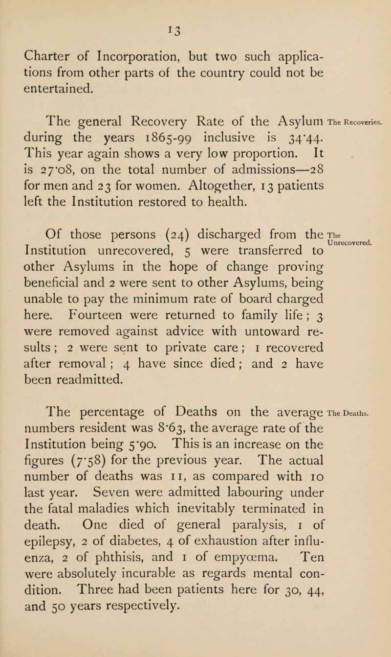 r3 Charter of Incorporation, but two such applica¬ tions from other parts of the country could not be entertained. The general Recovery Rate of the Asylum The Recoveries, during the years 1865-99 inclusive is 34*44. This year again shows a very low proportion. It is 27*08, on the total number of admissions—28 for men and 23 for women. Altogether, 13 patients left the Institution restored to health. Of those persons (24) discharged from the The ^ & _ . Unrecovered. Institution unrecovered, 5 were transferred to other Asylums in the hope of change proving beneficial and 2 were sent to other Asylums, being unable to pay the minimum rate of board charged here. Fourteen were returned to family life ; 3 were removed against advice with untoward re¬ sults ; 2 were sent to private care ; 1 recovered after removal ; 4 have since died ; and 2 have been readmitted. The percentage of Deaths on the average The Deaths, numbers resident was 8*63, the average rate of the Institution being 5*90. This is an increase on the figures (7*58) for the previous year. The actual number of deaths was 11, as compared with 10 last year. Seven were admitted labouring under the fatal maladies which inevitably terminated in death. One died of general paralysis, 1 of epilepsy, 2 of diabetes, 4 of exhaustion after influ¬ enza, 2 of phthisis, and 1 of empycema. Ten were absolutely incurable as regards mental con¬ dition. Three had been patients here for 30, 44, and 50 years respectively.