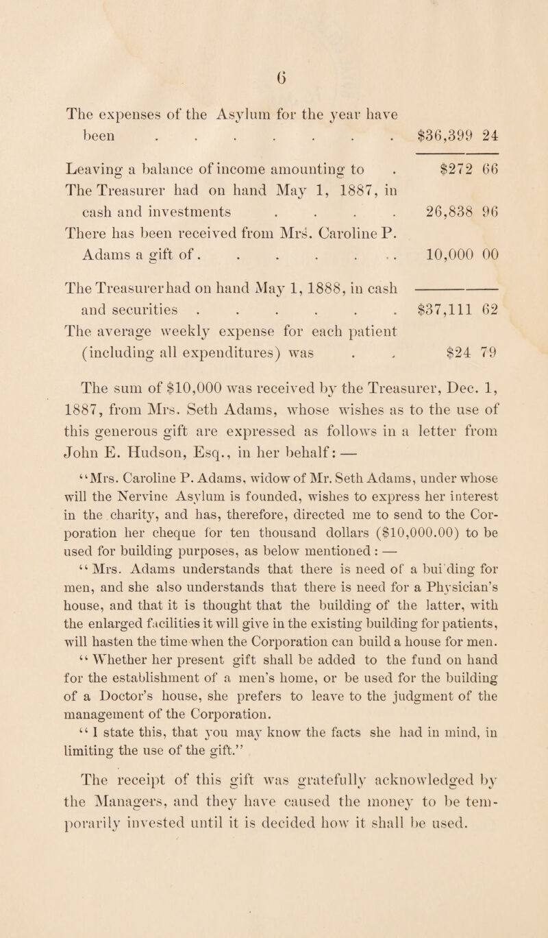 $36,399 24 The expenses of the Asylum for the year have been ....... Leaving' a balance of income amounting to The Treasurer had on hand May 1, 1887, in cash and investments . There has been received from Mrs. Caroline P. Adams a gift of. . . . . $272 66 26,838 96 10,000 00 The Treasurer had on hand May 1, 1888, in cash —- and securities . . . . . . $37,11162 The average weekly expense for each patient (including all expenditures) was . . $24 79 The sum of $10,000 was received by the Treasurer, Dec. 1, 1887, from Mrs. Seth Adams, whose wishes as to the use of this generous gift are expressed as follows in a letter from John E. Hudson, Esq., in her behalf: — “Mrs. Caroline P. Adams, widow of Mr. Seth Adams, under whose will the Nervine Asylum is founded, wishes to express her interest in the charity, and has, therefore, directed me to send to the Cor¬ poration her cheque for ten thousand dollars ($10,000.00) to be used for building purposes, as below mentioned : — “ Mrs. Adams understands that there is need of a buiding for men, and she also understands that there is need for a Physician’s house, and that it is thought that the building of the latter, with the enlarged facilities it will give in the existing building for patients, will hasten the time when the Corporation can build a house for men. “ Whether her present gift shall be added to the fund on hand for the establishment of a men’s home, or be used for the building of a Doctor’s house, she prefers to leave to the judgment of the management of the Corporation. “ 1 state this, that you may know the facts she had in mind, in limiting the use of the gift.” The receipt of this gift was gratefully acknowledged by the Managers, and they have caused the money to be tem¬ porarily invested until it is decided how it shall be used.