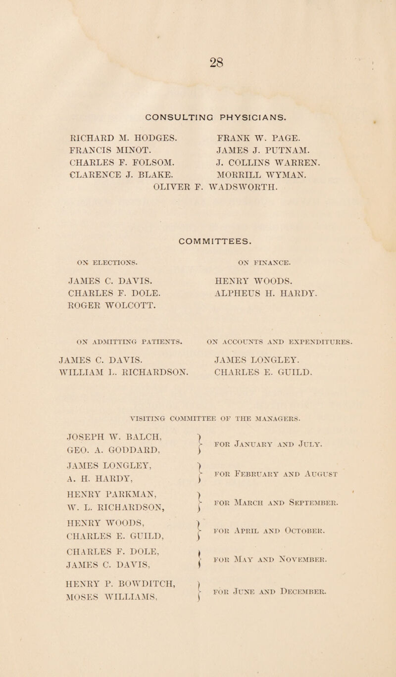 CONSULTING PHYSICIANS. RICHARD M. HODGES. FRANCIS MINOT. CHARLES F. FOLSOM. CLARENCE J. BLAKE. OLIVER FRANK W. PAGE. JAMES J. PUTNAM. J. COLLINS WARREN. MORRILL WYMAN. F. WADSWORTH. COMMITTEES. ON ELECTIONS. JAMES C. DAVIS. CHARLES E. DOLE ROGER WOLCOTT. ON ADMITTING PATIENTS. JAMES C. DAVIS. WILLIAM L. RICHARDSON. ON FINANCE. HENRY WOODS. ALPHEUS H. HARDY. ON ACCOUNTS AND EXPENDITURES. JAMES LONGLEY. CHARLES E. GUILD. VISITING COMMITTEE OF THE MANAGERS. JOSEPH W. BALCH, ) GEO. A. GODDARD, ) JAMES LONGLEY, ) A. II. HARDY, \ HENRY PARKMAN, ) W. L. RICHARDSON, ) HENRY WOODS, I CHARLES E. GUILD, j CHARLES E. DOLE, » JAMES C. DAVIS, f for January and July. for February and August for March and September. for April and October. for May and November. HENRY P. BOWDITCH, MOSES WILLIAMS, l for June and December.