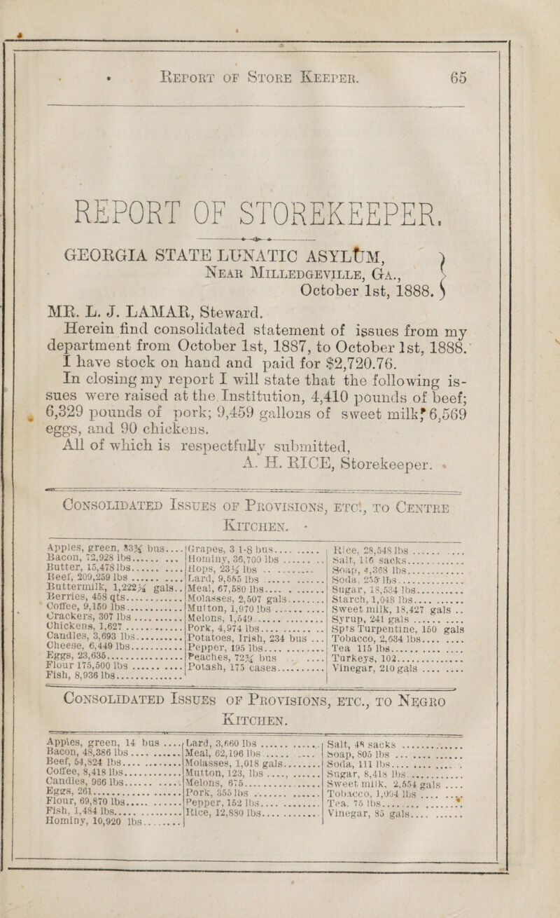 GEORGIA STATE LUNATIC ASYLtJM, Near Milledgeville, Ga., October 1st, 1888. MR. L. J. LAMAR, Steward. Herein find consolidated statement of issues from my department from October 1st, 1887, to October 1st, 1888. I have stock on hand and paid for $2,720.76. In closing my report I will state that the following is¬ sues were raised at the. Institution, 4,410 pounds of beef; „ 6,329 pounds of pork; 9,459 gallons of sweet milkf 6,569 eggs, and 90 chickens. All of which is respectfully submitted, A. H. RICE, Storekeeper. Consolidated Issues of Provisions, etc*, to Centre Kitchen. • Apples, green, 83% bus.... Bacon, 72,928 lbs. Butter, 15,478 lbs. Beef, 209,259 lbs. Buttermilk, 1,222% gals.. Berries, 458 qts. Coffee, 9,150 lbs. Crackers, 307 lbs. Chickens, 1,627 . Candles, 3,693 lbs. Cheese, 6,449 lbs. Eggs, 23,635. Flour 175,500 lbs. Fish, 8,936 lbs. Grapes, 3 1-8 bus. Hominy, 36,700 lbs. Hops, 23% lbs ... Lard, 9,555 lbs .. Meal, 67,580 lbs. Molasses, 2,507 gals. Mutton, 1,970 lbs .. Melons, 1,549..... Pork, 4,974 lbs. Potatoes, Irish, 234 bus ... Pepper, 195 lbs. Peaches, 72% bus .. _ Potash, 175 cases. Rice. 28,548 lbs. Salt, 116 sacks. Soap, 4,368 lbs. Soda, 25Qr lbs. Sugar, 18,534 lbs. Starch,1,048 lbs. Sweet milk, 18,427 gals .. Syrup, 241 gals. Spts Turpentine, 150 gals Tobacco, 2,634 lbs. Tea 115 lbs. Turkeys, 102. Vinegar, 210 gals. Consolidated Issues of Provisions, etc., to Negro Kitchen. Apples, green, 14 bus Bacon, 48,386 lbs. Beef, 54,824 lbs.. Coffee, 8,418 lbs. Candles, 966 lbs. , Eggs, 261. Flour, 69,870 lbs. Fish, 1,484 lbs. Hominy, 10,920 lbs.... Lard, 3,660 lbs. Meal, 62,196 lbs_ Molasses, 1,018 gals Mutton, 123, lbs Melons, 675. Pork, 355 lbs .. Pepper,152 lbs_ Rice, 12,880 lbs.... Salt, 48 sacks . Soap, 805 lbs. Soda, 111 lbs. Sugar, 8,418 lbs . Sweet milk, 2,554 gals .. Tobacco, 1,004 lbs'.. Tea. 75 lbs. Vinegar, 85 gals.