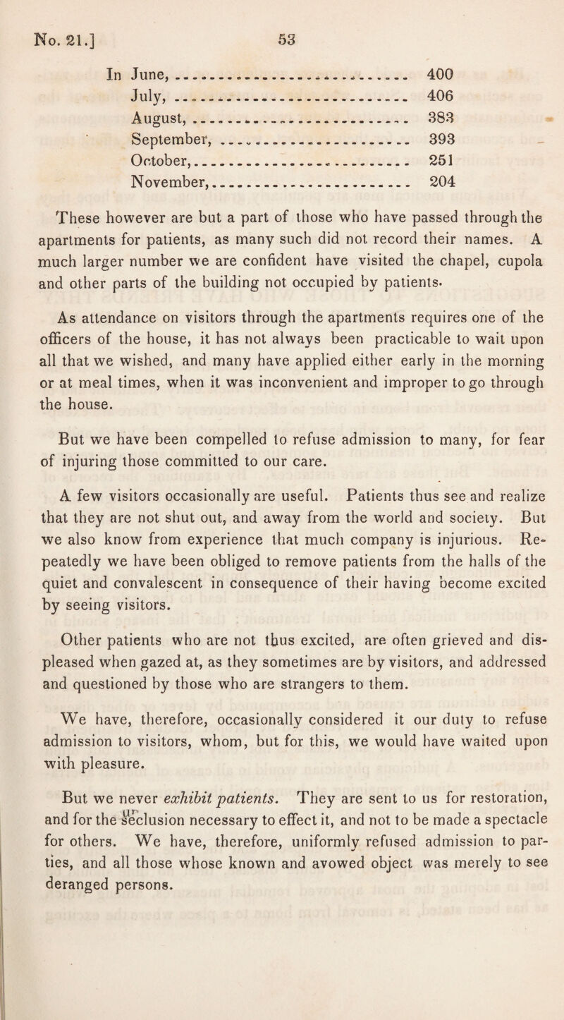 In June,.•.. -....... 400 July,... 406 August,..«..383 September,._... 393 October,. 251 N ovember,.. 204 These however are but a part of those who have passed through the apartments for patients, as many such did not record their names. A much larger number we are confident have visited the chapel, cupola and other parts of the building not occupied by patients. As attendance on visitors through the apartments requires one of the officers of the house, it has not always been practicable to wait upon all that we wished, and many have applied either early in the morning or at meal times, when it was inconvenient and improper to go through the house. But we have been compelled to refuse admission to many, for fear of injuring those committed to our care. A few visitors occasionally are useful. Patients thus see and realize that they are not shut out, and away from the world and society. But we also know from experience that much company is injurious. Re¬ peatedly we have been obliged to remove patients from the halls of the quiet and convalescent in consequence of their having become excited by seeing visitors. Other patients who are not thus excited, are often grieved and dis¬ pleased when gazed at, as they sometimes are by visitors, and addressed and questioned by those who are strangers to them. We have, therefore, occasionally considered it our duty to refuse admission to visitors, whom, but for this, we would have waited upon with pleasure. But we never exhibit patients. They are sent to us for restoration, and for the seclusion necessary to effect it, and not to be made a spectacle for others. We have, therefore, uniformly refused admission to par¬ ties, and all those whose known and avowed object was merely to see deranged persons.