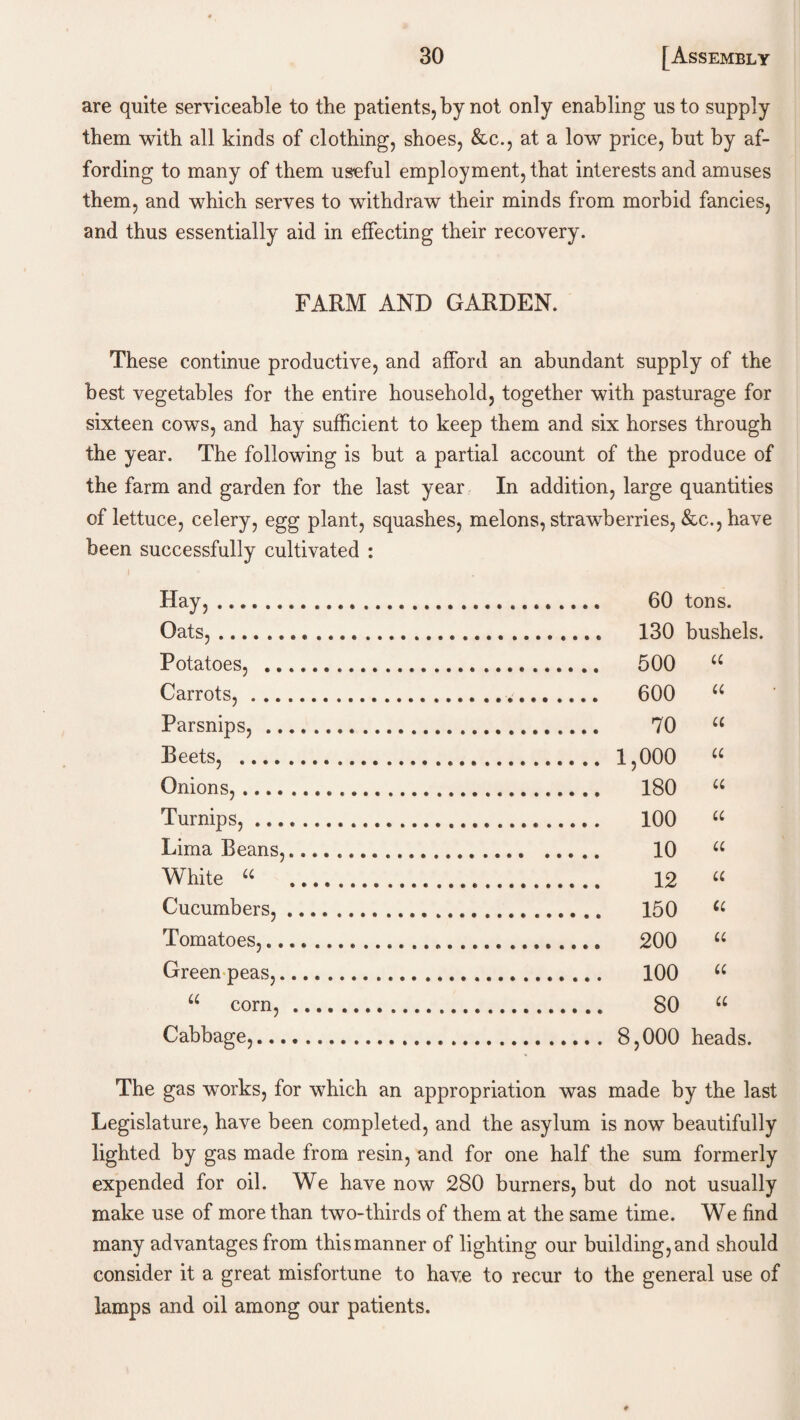 are quite serviceable to the patients, by not only enabling us to supply them with all kinds of clothing, shoes, &c., at a low price, but by af¬ fording to many of them useful employment, that interests and amuses them, and which serves to withdraw their minds from morbid fancies, and thus essentially aid in effecting their recovery. FARM AND GARDEN. These continue productive, and afford an abundant supply of the best vegetables for the entire household, together with pasturage for sixteen cows, and hay sufficient to keep them and six horses through the year. The following is but a partial account of the produce of the farm and garden for the last year In addition, large quantities of lettuce, celery, egg plant, squashes, melons, strawberries, &c.,have been successfully cultivated : Hay,. . 60 tons. Oats,. bushels. Potatoes, .. . 500 u Carrots,.. .. 600 u Parsnips,. . 70 u Beets, . a Onions,. u Turnips,. u Lima Beans,.. u White u . . 12 u Cucumbers,. C( Tomatoes,. u Green peas,. . 100 u u corn, . . 80 u Cabbage,... heads. The gas works, for which an appropriation was made by the last Legislature, have been completed, and the asylum is now beautifully lighted by gas made from resin, and for one half the sum formerly expended for oil. We have now 280 burners, but do not usually make use of more than two-thirds of them at the same time. We find many advantages from this manner of lighting our building, and should consider it a great misfortune to have to recur to the general use of lamps and oil among our patients.