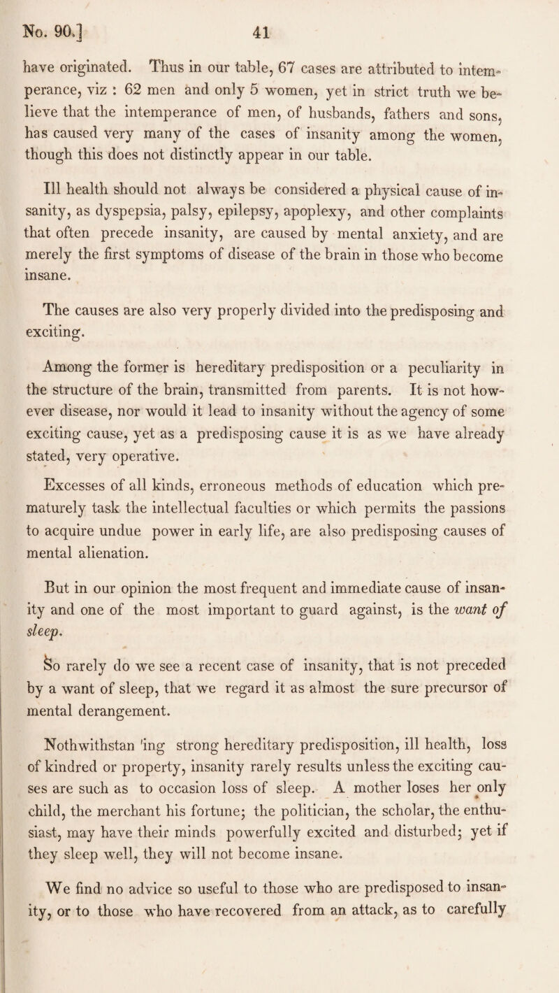 have originated. Thus in our table, 67 cases are attributed to intem¬ perance, viz : 62 men and only 5 women, yet in strict truth we be¬ lieve that the intemperance of men, of husbands, fathers and sons, has caused very many of the cases of insanity among the women, though this does not distinctly appear in our table. Ill health should not always be considered a physical cause of in¬ sanity, as dyspepsia, palsy, epilepsy, apoplexy, and other complaints that often precede insanity, are caused by mental anxiety, and are merely the first symptoms of disease of the brain in those who become insane. The causes are also very properly divided into the predisposing and exciting. Among the former is hereditary predisposition or a peculiarity in the structure of the brain, transmitted from parents. It is not how¬ ever disease, nor would it lead to insanity without the agency of some exciting cause, yet as a predisposing cause it is as we have already stated, very operative. Excesses of all kinds, erroneous methods of education which pre¬ maturely task the intellectual faculties or which permits the passions to acquire undue power in early life, are also predisposing causes of mental alienation. But in our opinion the most frequent and immediate cause of insan¬ ity and one of the most important to guard against, is the want of &o rarely do we see a recent case of insanity, that is not preceded by a want of sleep, that we regard it as almost the sure precursor of mental derangement. Nothwithstan 'ing strong hereditary predisposition, ill health, loss of kindred or property, insanity rarely results unless the exciting cau¬ ses are such as to occasion loss of sleep. A mother loses her only child, the merchant his fortune; the politician, the scholar, the enthu¬ siast, may have their minds powerfully excited and disturbed; yet if they sleep well, they will not become insane. We find no advice so useful to those who are predisposed to insan~ ity, or to those who have recovered from an attack, as to carefully
