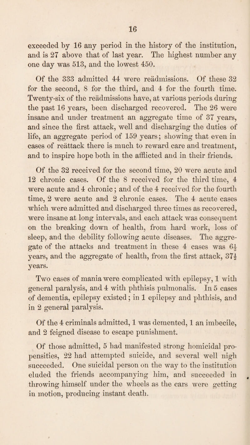 exceeded by 16 any period in the history of the institution, and is 27 above that of last year. The highest number any one day was 513, and the lowest 450. Of the 333 admitted 44 were readmissions. Of these 32 for the second, 8 for the third, and 4 for the fourth time. Twenty-six of the readmissions have, at various periods during the past 16 years, been discharged recovered. The 26 were insane and under treatment an aggregate time of 37 years, and since the first attack, well and discharging the duties of life, an aggregate period of 159 years; showing that even in cases of reattack there is much to reward care and treatment, and to inspire hope both in the afflicted and in their friends. Of the 32 received for the second time, 20 were acute and 12 chronic cases. Of the 8 received for the third time, 4 were acute and 4 chronic; and of the 4 received for the fourth time, 2 were acute and 2 chronic cases. The 4 acute cases which were admitted and discharged three times as recovered, were insane at long intervals, and each attack was consequent on the breaking down of health, from hard work, loss of sleep, and the debility following acute diseases. The aggre¬ gate of the attacks and treatment in these 4 cases was 6-J- years, and the aggregate of health, from the first attack, 374 years. Two cases of mania were complicated with epilepsy, 1 with general paralysis, and 4 with phthisis pulmonalis. In 5 cases of dementia, epilepsy existed; in 1 epilepsy and phthisis, and in 2 general paralysis. Of the 4 criminals admitted, 1 was demented, 1 an imbecile, and 2 feigned disease to escape punishment. Of those admitted, 5 had manifested strong homicidal pro¬ pensities, 22 had attempted suicide, and several well nigh succeeded. One suicidal person on the way to the institution eluded the friends accompanying him, and succeeded in # throwing himself under the wheels as the cars were getting in motion, producing instant death.
