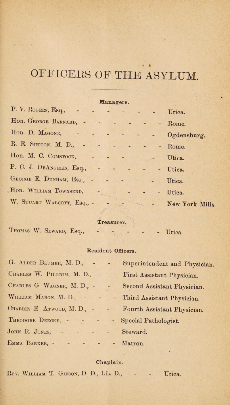 OFFICERS OF THE AS YLUM Managers. P. V. Rogers, Esq., - Utica. Hon. George Barnard, - - Rome. Hon. D. Magone, - Ogdensburg. R. E. Sutton, M. D., - - Rome. Hon. M. C. Comstock, - Utica. P. C. J. DeAngelis, Esq., - - Utica. George E. Dunham, Esq., - Utica. .Hon. William Townsend, - - Utica. W. Stuart Walcott, Esq., - - - ,t 'A 1 Vh‘ .. ’i - New York Mills Treasurer. Thomas W. Seward, Esq., - - Utica. Resident Officers. G. Alder Blumer, M. D., Charles W. Pilgrim, M. D., Charles G. Wagner, M. D., William Mabon, M. D , Charles E. Atwood, M. D., Theodore Deecke, - John R. Jones, Emma Barker, - Superintendent and Physician. First Assistant Physician. Second Assistant Physician. Third Assistant Physician. Fourth Assistant Physician. Special Pathologist. Steward. Matron. Chaplain. Rev. William T, Gibson, D. D., LL, D., Utica.