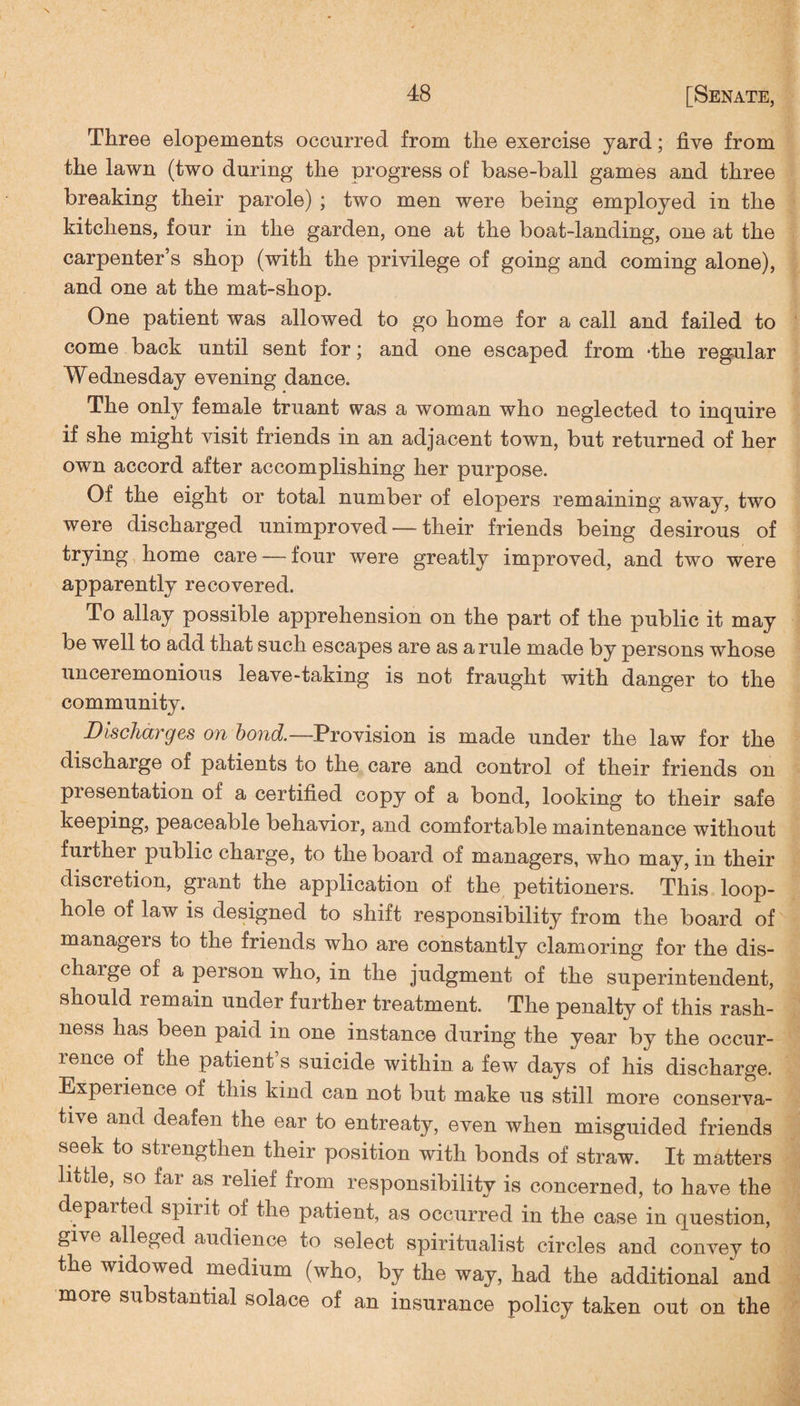 Three elopements occurred from the exercise yard; five from the lawn (two during the progress of base-ball games and three breaking their parole) ; two men were being employed in the kitchens, four in the garden, one at the boat-landing, one at the carpenter’s shop (with the privilege of going and coming alone), and one at the mat-shop. One patient was allowed to go home for a call and failed to come back until sent for; and one escaped from -the regular Wednesday evening dance. The only female truant was a woman who neglected to inquire if she might visit friends in an adjacent town, but returned of her own accord after accomplishing her purpose. Of the eight or total number of elopers remaining away, two were discharged unimproved — their friends being desirous of trying home care — four were greatly improved, and two were apparently recovered. To allay possible apprehension on the part of the public it may be well to add that such escapes are as a rule made by persons whose unceremonious leave-taking is not fraught with danger to the community. Discharges on bond.—.Provision is made under the law for the discharge of patients to the care and control of their friends on piesentation of a certified copy of a bond, looking to their safe keeping, peaceable behavior, and comfortable maintenance without further public charge, to the board of managers, who may, in their discretion, grant the application of the petitioners. This loop¬ hole of law is designed to shift responsibility from the board of managers to the friends who are constantly clamoring for the dis¬ charge of a person who, in the judgment of the superintendent, should remain under further treatment. The penalty of this rash¬ ness has been paid in one instance during the year by the occur¬ rence of the patient’s suicide within a few days of his discharge. Experience of this kind can not but make us still more conserva¬ tive and deafen the ear to entreaty, even when misguided friends seek to strengthen their position with bonds of straw. It matters little, so far as relief from responsibility is concerned, to have the departed spirit of the patient, as occurred in the case in question, give alleged audience to select spiritualist circles and convey to the widowed medium (who, by the way, had the additional and more substantial solace of an insurance policy taken out on the