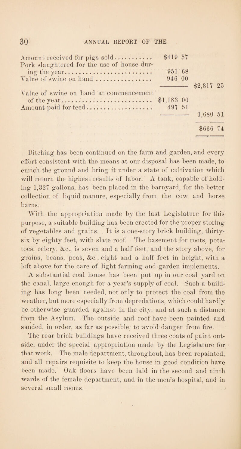 Amount received for pigs sold. .......... $419 57 Pork slaughtered for the use of house dur¬ ing the year......................... 951 68 Value of swine on hand... 946 00 Value of swine on hand at commencement of the year.... $1,183 00 Amount paid for feed... 491 51 $2,311 25 1,680 51 $636 14 Ditching has been continued on the farm and garden, and every effort consistent with the means at our disposal has been made, to enrich the ground and bring it under a state of cultivation which will return the highest results of labor. A tank, capable of hold¬ ing 1,321 gallons, has been placed in the barnyard, for the better collection of liquid manure, especially from the cow and horse barns. With the appropriation made by the last Legislature for this purpose, a suitable building has been erected for the proper storing of vegetables and grains. It is a one-story brick building, thirty- six by eighty feet, with slate roof. The basement for roots, pota¬ toes, celery, &c., is seven and a half feet, and the story above, for grains, beans, peas, &c., eight and a half feet in height, with a loft above for the care of light farming and garden implements. A substantial coal house has been put up in our coal yard on the canal, large enough for a year’s supply of coal. Such a build¬ ing has long been needed, not only to protect the coal from the weather, but more especially from depredations, which could hardly be otherwise guarded against in the city, and at such a distance from the Asylum. The outside and roof have been painted and sanded, in order, as far as possible, to avoid danger from fire. The rear brick buildings have received three coats of paint out¬ side, under the special appropriation made by the Legislature for that work. The male department, throughout, has been repainted, and all repairs requisite to keep the house in good condition have been made. Oak floors have been laid in the second and ninth wards of the female department, and in the men’s hospital, and in several small rooms.