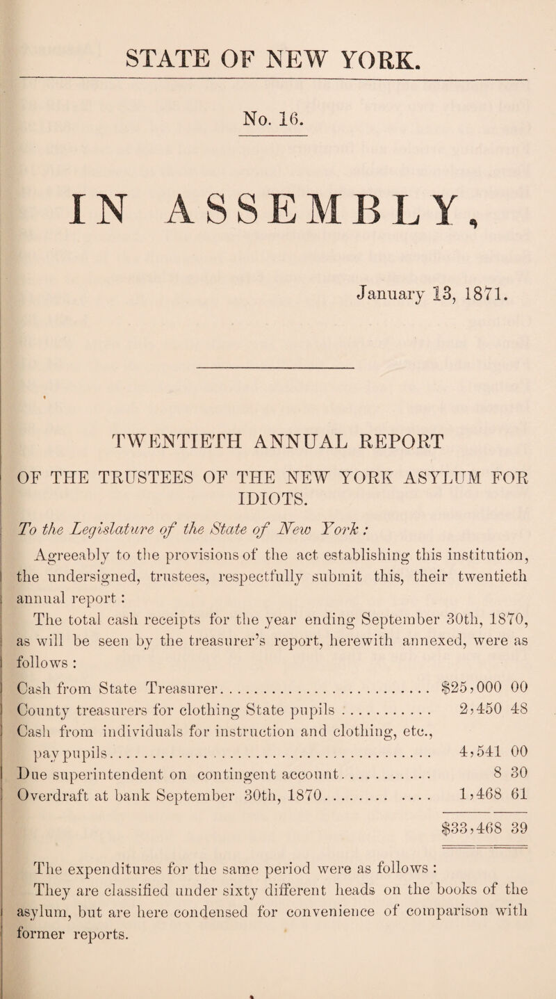 STATE OF NEW YORK. No. 16. IN ASSEMBLY, January 13, 1871. TWENTIETH ANNUAL REPORT OF THE TRUSTEES OF THE NEW YORK ASYLUM FOR IDIOTS. To the Legislature of the State of New York: Agreeably to the provisions of the act establishing this institution, the undersigned, trustees, respectfully submit this, their twentieth annual report: The total cash receipts for the year ending September 30th, 1870, as will be seen by the treasurer’s report, herewith annexed, were as follows : Cash from State Treasurer. $25? 000 00 County treasurers for clothing State pupils. 2?450 48 Cash from individuals for instruction and clothing, etc., pay pupils. 4 ? 541 00 Due superintendent on contingent account. 8 30 Overdraft at bank September 30th, 1870. 1?468 61 $33?468 39 The expenditures for the same period were as follows : They are classified under sixty different heads on the books of the asylum, but are here condensed for convenience of comparison with former reports. %