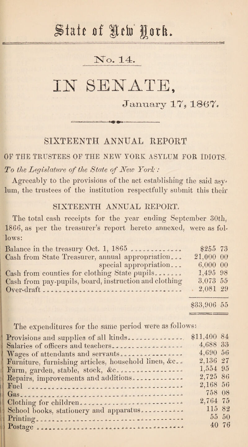Bhlt flf |Ufa Jorh» --.--: v.. ..‘■.-.■if, -a.. ,ua.CTWig -----1____ - - - t . ».=<rVM X . 14. nsr SENATE, January 17% 18(57% ■ • ' ■ ■ SSi — iSSrn * :— SIXTEENTH ANNUAL REPORT OF THE TRUSTEES OF THE NEW YORK ASYLUM FOR IDIOTS, To the Legislative of the State of JSfew York : Agreeably to the provisions of the act establishing the said asy¬ lum, the trustees of the institution respectfully submit this their SIXTEENTH ANNUAL REPORT, The total cash receipts for the year ending September 30th, 1866, as per the treasurer’s report hereto annexed, were as fol¬ lows: Balance in the treasury Oct. 1, 1865 ..*_*.**-*..** Cash from State Treasurer, annual appropriation... special appropriation ».. Cash from counties for clothing State pupils. Cash from pay-pupils, board, instruction and clothing Overuli alt . » .. *. .»* * * * * * - ^ . $255 73 21,000 00 6,000 00 1,495 98 3,073 55 2,031 29 $33,906 55 The expenditures for the same period were as follows: Provisions and supplies of all kinds* - Salaries of officers and teachers...... Wages of attendants and servants **-***-.*---**-- Furniture, furnishing articles, household linen, &e-- Farm, garden, stable, stock, &c- Repairs, improvements and additions* .-*.**--*--* i Clothing for children........ -* - - •* School books, stationery and apparatus. Printing.....___* . _ * — - — - - - -. P ost-age . .I * A w A _. _■............ * * *. * * * - $11,400 84 4,688 33 4,690 5G 2,136 27 1,554 95 2,725 86 2,168 56 758 08 2,764 75 115 82 55 50 40 76