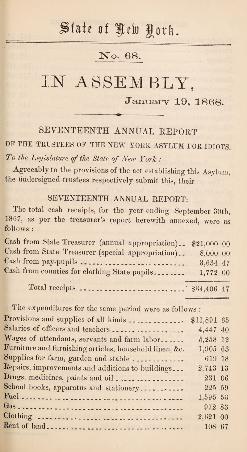 No. 68. IN ASSEMBLY, J anuary 19, 1868. SEVENTEENTH ANNUAL REPORT OF THE TRUSTEES OF THE NEW YORK ASYLUM FOR IDIOTS. To the Legislature of the State of New York: Agreeably to the provisions of the act establishing this Asylum, the Undersigned trustees respectively submit this, their SEVENTEENTH ANNUAL REPORT: The total cash receipts, for the year ending September 30th, 1867, as per the treasurer’s report herewith annexed, were as follows : Cash from State Treasurer (annual appropriation).. $21,000 00 Cash from State Treasurer (special appropriation).. 8,000 00 Cash from pay-pupils - -. 3,634 47 Cash from counties for clothing State pupils,... .... 1,772 00 Total receipts ...... ---------------_$34,406 47 The expenditures for the same period were as follows : Provisions and supplies of all kinds .............. $11,891 65 Salaries of officers and teachers ... ... 4,447 40 Wages of attendants, servants and farm labor.. 5,258 12 Furniture and furnishing articles, household linen, &c. 1,905 63 Supplies for farm, garden and stable .............. 619 18 Repairs, improvements and additions to buildings... 2,743 13 Drugs, medicines, paints and oil .. 231 06 School books, apparatus and stationery.... __ 225 59 Puel *... ...... 1,595 53 Gras............. 972 83 Clothing .......... 2,62100 Rent of land...... 108 67