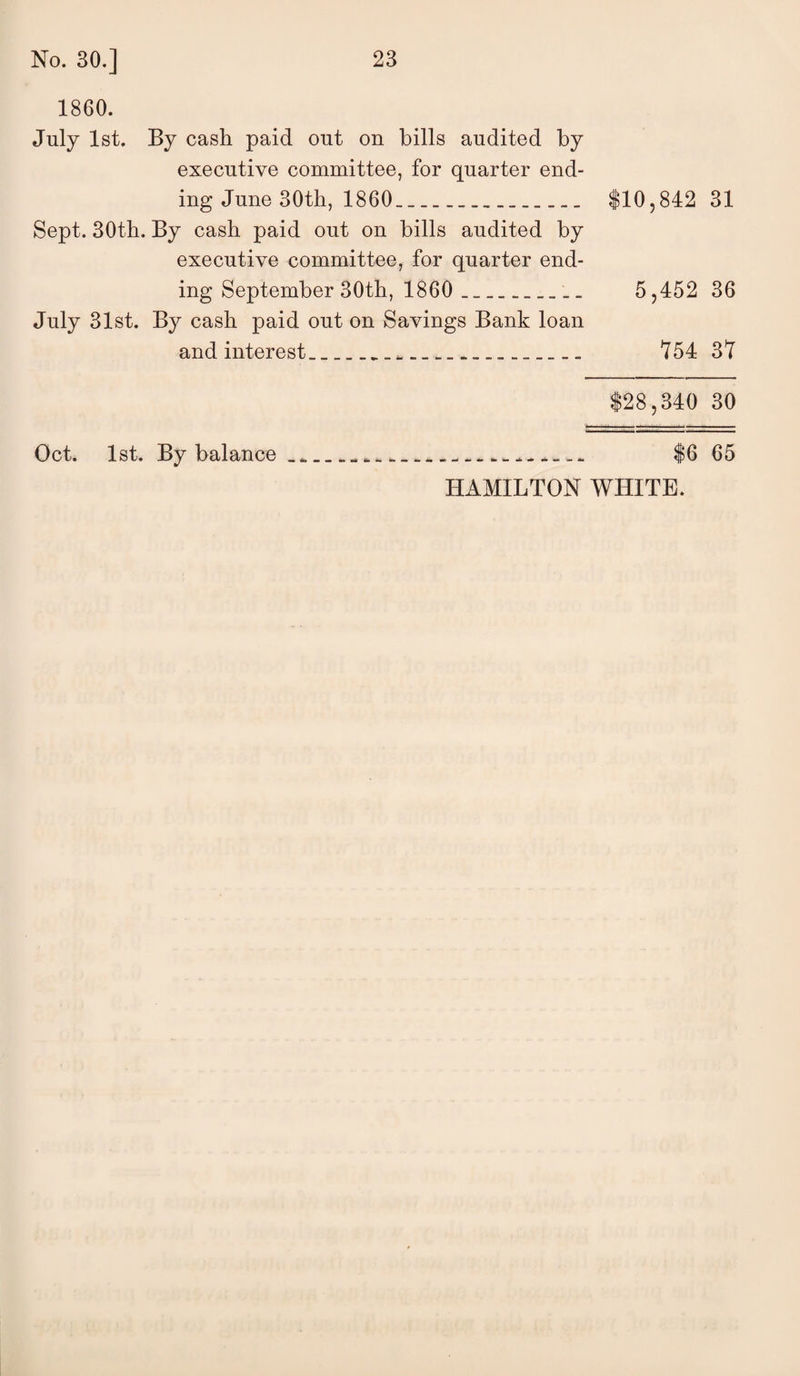 1860. July 1st. By cash paid out on bills audited by executive committee, for quarter end¬ ing June 30th, 1860 __.. $10,842 31 Sept. 30th. By cash paid out on bills audited by executive committee, for quarter end¬ ing September 30th, 1860 __ 5,452 36 July 31st. By cash paid out on Savings Bank loan and interest,_____ 754 37 $28,340 30 Oct. 1st. By balance _______ $6 65 HAMILTON WHITE.