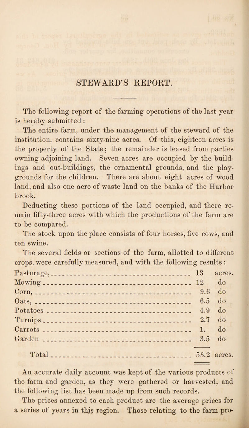 STEWARD’S REPORT. The following report of the farming operations of the last year is hereby submitted: The entire farm, under the management of the steward of the institution, contains sixty-nine acres. Of this, eighteen acres is the property of the State; the remainder is leased from parties owning adjoining land. Seven acres are occupied by the build¬ ings and out-buildings, the ornamental grounds, and the play¬ grounds for the children. There are about eight acres of wood land, and also one acre of waste land on the banks of the Harbor brook. Deducting these portions of the land occupied, and there re¬ main fifty-three acres with which the productions of the farm are to be compared. The stock upon the place consists of four horses, five cows, and ten swine. The several fields or sections of the farm, allotted to different crops, were carefully measured, and with the following results : Pasturage,...13 acres. Mowing ....12 do Corn,... 9.6 do Oats,... 6.5 do Potatoes...... 4.9 do Turnips...... 2.t do Carrots..... 1. do Garden.... 3.5 do Total..53.2 acres. An accurate daily account was kept of the various products of the farm and garden, as they were gathered or harvested, and the following list has been made up from such records. The prices annexed to each product are the average prices for a series of years in this region. Those relating to the farm pro-