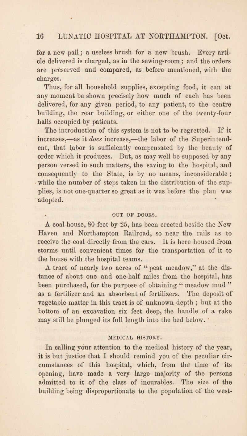 for a new pail; a useless brush for a new brush. Every arti¬ cle delivered is charged, as in the sewing-room; and the orders are preserved and compared, as before mentioned, with the charges. Thus, for all household supplies, excepting food, it can at any moment be shown precisely how much of each has been delivered, for any given period, to any patient, to the centre building, the rear building, or either one of the twenty-four halls occupied by patients. The introduction of this system is not to be regretted. If it increases,—as it does increase,—the labor of the Superintend¬ ent, that labor is sufficiently compensated by the beauty of order which it produces. But, as may well be supposed by any person versed in such matters, the saving to the hospital, and consequently to the State, is by no means, inconsiderable ; • while the number of steps taken in the distribution of the sup¬ plies, is not one-quarter so great as it was before the plan was adopted. OUT OF DOORS. A coal-house, 80 feet by 25, has been erected beside the New Haven and Northampton Railroad, so near the rails as to receive the coal directly from the cars. It is here housed from storms until convenient times for the transportation of it to the house with the hospital teams. A tract of nearly two acres of “ peat meadow,” at the dis¬ tance of about one and one-half miles from the hospital, has been purchased, for the purpose of obtaining “ meadow mud ” as a fertilizer and an absorbent of fertilizers. The deposit of vegetable matter in this tract is of unknown depth ; but at the bottom of an excavation six feet deep, the handle of a rake may still be plunged its full length into the bed below. ■ MEDICAL HISTORY. In calling your attention to the medical history of the year, it is but justice that I should remind you of the peculiar cir¬ cumstances of this hospital, which, from the' time of its opening, have made a very large majority of the persons admitted to it of the class of incurables. The size of the building being disproportionate to the population of the west-
