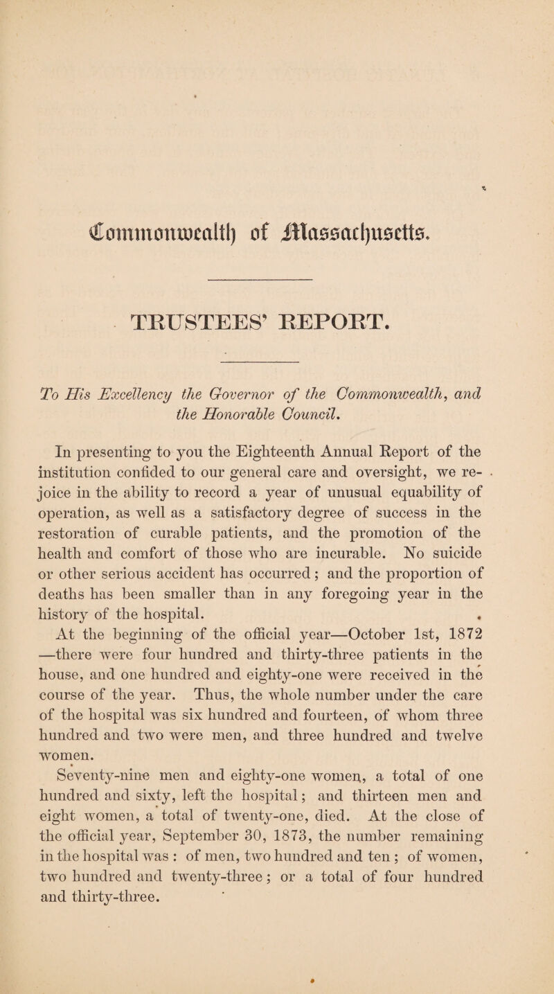 €owwcimuMltl) of iRaseacljusetts. TRUSTEES' REPORT. To His Excellency the Governor of the Commonwealth, and the Honorable Council. In presenting to yon the Eighteenth Annual Report of the institution confided to our general care and oversight, we re¬ joice in the ability to record a year of unusual equability of operation, as well as a satisfactory degree of success in the restoration of curable patients, and the promotion of the health and comfort of those who are incurable. No suicide or other serious accident has occurred; and the proportion of deaths has been smaller than in any foregoing year in the history of the hospital. At the beginning of the official year—October 1st, 1872 -—there were four hundred and thirty-three patients in the house, and one hundred and eighty-one were received in the course of the year. Thus, the whole number under the care of the hospital was six hundred and fourteen, of whom three hundred and two were men, and three hundred and twelve women. Seventy-nine men and eighty-one womeu, a total of one hundred and sixty, left the hospital; and thirteen men and eight women, a total of twenty-one, died. At the close of the official year, September 30, 1873, the number remaining in the hospital was : of men, two hundred and ten ; of women, two hundred and twenty-three; or a total of four hundred and thirty-three.