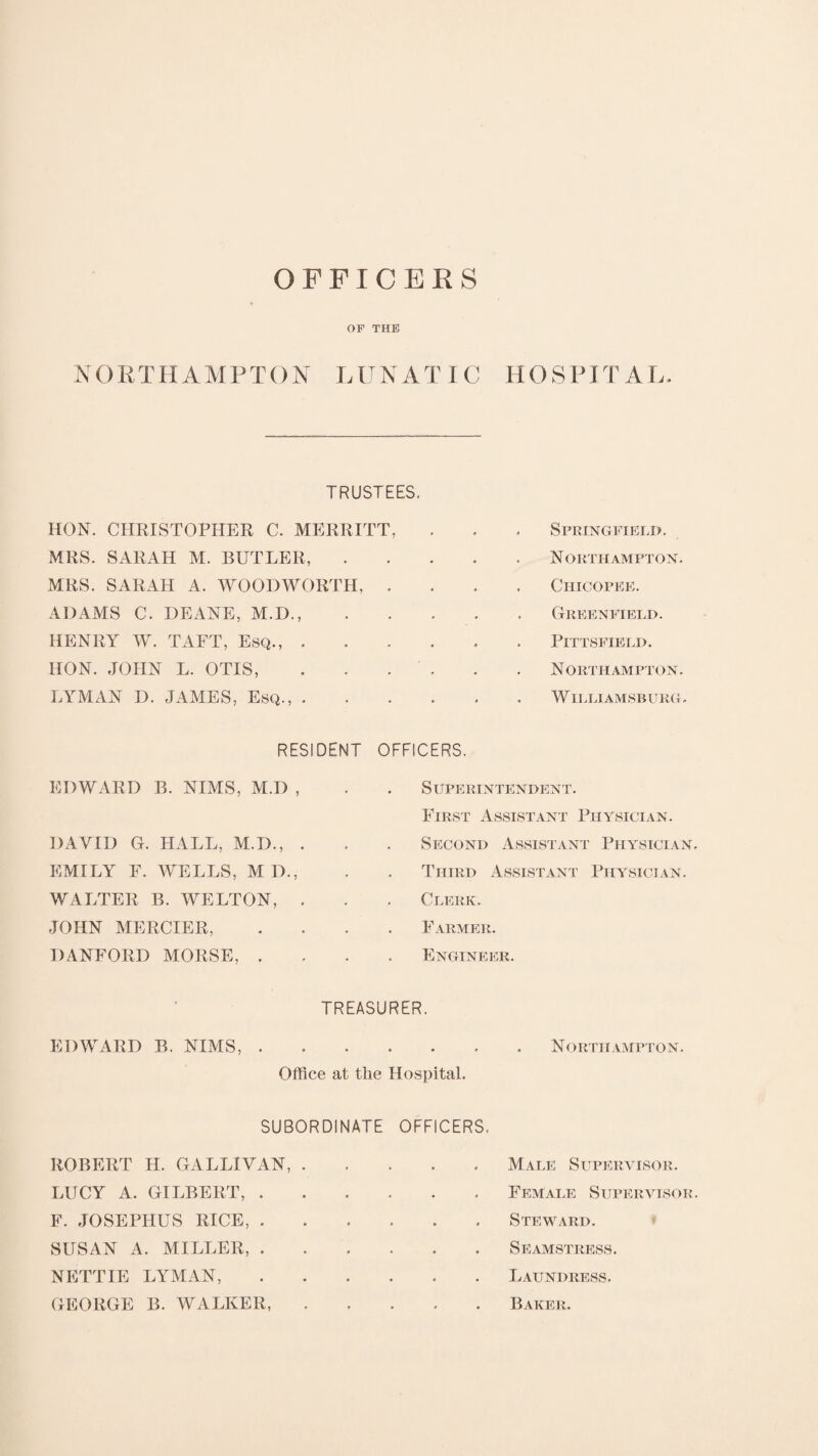 OFFICERS OF THE NORTHAMPT ON L UNATIC H OSPIT A L TRUSTEES. HON. CHRISTOPHER C. MERRITT, MRS. SARAH M. BUTLER, MRS. SARAH A. WOODWORTH, . ADAMS C. DEANE, M.D., HENRY W. TAFT, Esq., . HON. JOHN L. OTIS, LYMAN D. JAMES, Esq., . Springfield. Northampton. Chicopee. Greenfield. Pittsfield. Northampton. Williamsburg. RESIDENT EDWARD B. NIMS, M.D , DAVID G. HALL, M.D., . EMILY F. WELLS, M D., WALTER B. WELTON, . JOHN MERCIER, DANEORD MORSE, . OFFICERS. S UPE RINTENDENT. First Assistant Physician. Second Assistant Physician. Third Assistant Physician. Clerk. Farmer. Engineer. TREASURER. EDWARD B. NIMS,.. Northampton. Office at the Hospital. SUBORDINATE OFFICERS, ROBERT IT. GALLIVAN, . LUCY A. GILBERT, . F. JOSEPHUS RICE, . SUSAN A. MILLER, . NETTIE LYMAN, GEORGE B. WALKER, Male Supervisor. Female Supervisor. Steward. Seamstress. Laundress. Baker.