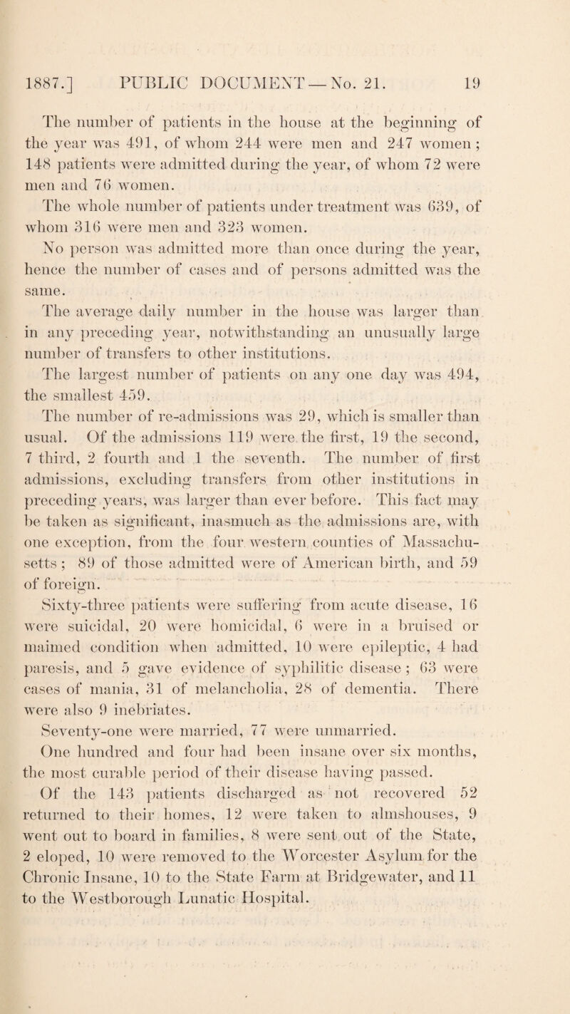 The number of patients in the house at the beginning of the year was 491, of whom 244 were men and 247 women; 148 patients were admitted during the year, of whom 72 were men and 76 women. The whole number of patients under treatment was 639, of whom 316 were men and 323 women. No person was admitted more than once during the year, hence the number of cases and of persons admitted was the same. The average daily number in the house was larger than in any preceding year, notwithstanding an unusually large number of transfers to other institutions. The largest number of patients on any one day was 494, the smallest 459. The number of re-admissions was 29, which is smaller than usual. Of the admissions 119 were the first, 19 the second, 7 third, 2 fourth and 1 the seventh. The number of first admissions, excluding transfers from other institutions in preceding years, was larger than ever before. This fact may be taken as significant, inasmuch as the admissions are, with one exception, from the four western counties of Massachu¬ setts ; 89 of those admitted were of American birth, and 59 of foreign. Sixty-three patients were suffering from acute disease, 16 were suicidal, 20 were homicidal, 6 were in a bruised or maimed condition when admitted, 10 were epileptic, 4 had paresis, and 5 gave evidence of syphilitic disease ; 63 were cases of mania, 31 of melancholia, 28 of dementia. There were also 9 inebriates. Seventy-one were married, 77 were unmarried. One hundred and four had been insane over six months, the most curable period of their disease having passed. Of the 143 patients discharged as not recovered 52 returned to their homes, 12 were taken to almshouses, 9 went out to board in families, 8 were sent out of the State, 2 eloped, 10 were removed to the Worcester Asylum for the Chronic Insane, 10 to the State Farm at Bridgewater, and 11 to the Westborough Lunatic Hospital.