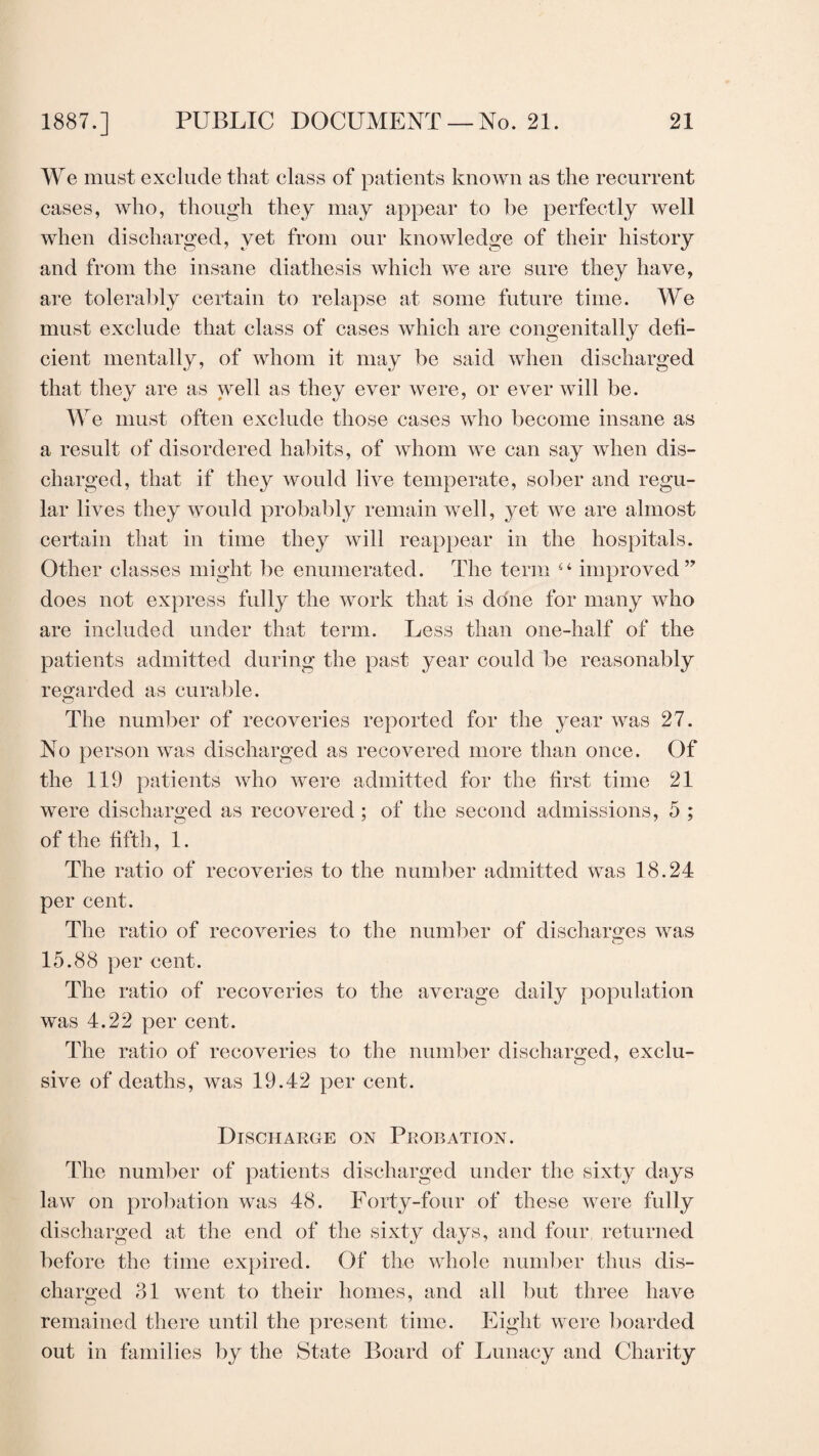 We must exclude that class of patients known as the recurrent cases, who, though they may appear to he perfectly well when discharged, yet from our knowledge of their history and from the insane diathesis which we are sure they have, are tolerably certain to relapse at some future time. We must exclude that class of cases which are congenitally defi- cient mentally, of whom it may be said when discharged that they are as well as they ever were, or ever will be. We must often exclude those cases who become insane as a result of disordered habits, of whom we can say when dis¬ charged, that if they would live temperate, sober and regu¬ lar lives they would probably remain well, yet we are almost certain that in time they will reappear in the hospitals. Other classes might be enumerated. The term 44 improved” does not express fully the work that is done for many who are included under that term. Less than one-half of the patients admitted during the past year could be reasonably regarded as curable. The number of recoveries reported for the year was 27. No person was discharged as recovered more than once. Of the 119 patients who were admitted for the first time 21 were discharged as recovered; of the second admissions, 5 ; of the fifth, 1. The ratio of recoveries to the number admitted was 18.24 per cent. The ratio of recoveries to the number of discharges was 15.88 per cent. The ratio of recoveries to the average daily population was 4.22 per cent. The ratio of recoveries to the number discharged, exclu¬ sive of deaths, was 19.42 per cent. Discharge on Probation. The number of patients discharged under the sixty days law on probation was 48. Forty-four of these were fully discharged at the end of the sixty days, and four returned before the time expired. Of the whole number thus dis¬ charged 31 went to their homes, and all but three have remained there until the present time. Eight were boarded out in families by the State Board of Lunacy and Charity