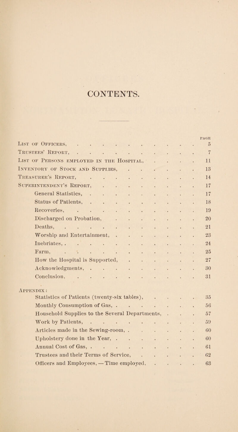 CONTENTS rAGE List of Officers,.5 Trustees’ Report,.7 List of Persons employed in tiie Hospital, . . . . 11 Inventory of Stock and Supplies,.13 Treasurer’s Report,.14 Superintendent’s Report,.17 General Statistics, ......... 17 Status of Patients,.18 Recoveries,.19 Discharged on Probation,.20 Deaths,.21 Worship and Entertainment, ....... 23 Inebriates,.24 Farm,.25 How the Hospital is Supported,.27 Acknowledgments,.30 Conclusion,.31 Appendix : Statistics of Patients (twenty-six tables), .... 35 Monthly Consumption of Gas, ....... 56 Household Supplies to the Several Departments, ... 57 Work by Patients, ......... 59 Articles made in the Sewing-room, ....... 60 Upholstery done in the Year,.60 Annual Cost of Gas,.61 Trustees and their Terms of Service,.62 Officers and Employees, — Time employed, .... 63