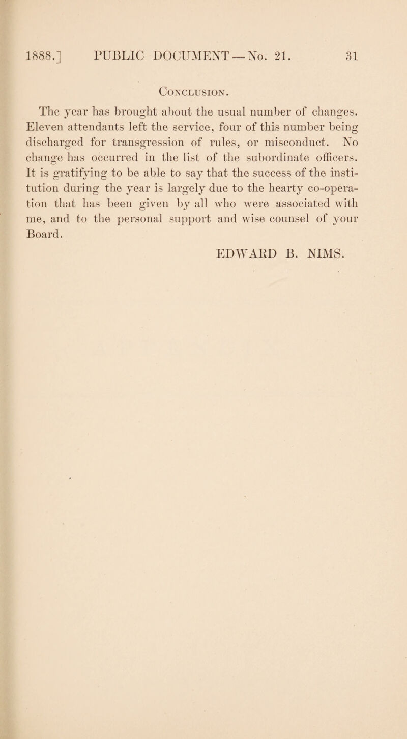 Conclusion. The year has brought about the usual number of changes. Eleven attendants left the service, four of this number being discharged for transgression of rules, or misconduct. No change has occurred in the list of the subordinate officers. It is gratifying to be able to say that the success of the insti¬ tution during the year is largely due to the hearty co-opera¬ tion that has been given by all who were associated with me, and to the personal support and wise counsel of your Board. EDWARD B. NIMS.