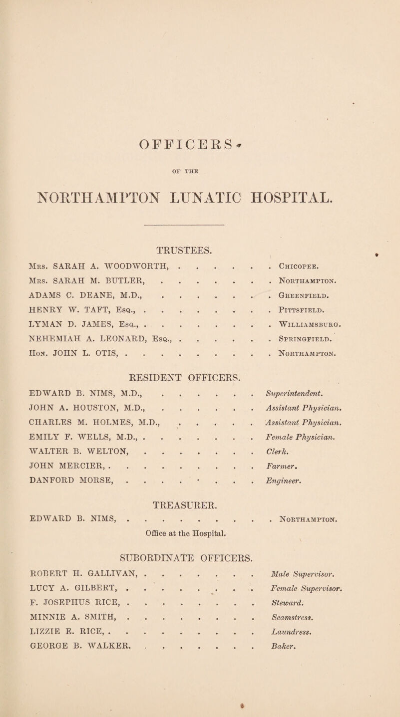 OFFICERS- OF THE NORTHAMPTON LUNATIC HOSPITAL. TRUSTEES. Mrs. SARAH A. WOODWORTH,.. Chicopee. Mrs. SARAH M. BUTLER,.. Northampton. ADAMS C. DEANE, M.D.,.Greenfield. HENRY W. TAFT, Esq., . .Pittsfield. LYMAN D. JAMES, Esq.,. Williamsburg. NEHEMIAH A. LEONARD, Esq., ...... Springfield. Hon. JOHN L. OTIS,.Northampton. RESIDENT OFFICERS. EDWARD B. NIMS, M.D.,.Superintendent. JOHN A. HOUSTON, M.D., ...... Assistant Physician. CHARLES M. HOLMES, M.D.,.Assistant Physician. EMILY F. WELLS, M.D.,.Female Physician. WALTER B. WELTON, ....... Clerk. JOHN MERCIER, ......... Farmer. DANFORD MORSE, Engineer. TREASURER. EDWARD B. NIMS,.Northampton. Office at the Hospital. SUBORDINATE OFFICERS. ROBERT H. GALLIYAN,.Male Supervisor. LUCY A. GILBERT,.Female Supervisor. F. JOSEPHUS RICE,.Steward. MINNIE A. SMITH, ........ Seamstress. LIZZIE E. RICE, ......... Laundress. GEORGE B. WALKER. ....... Baker.