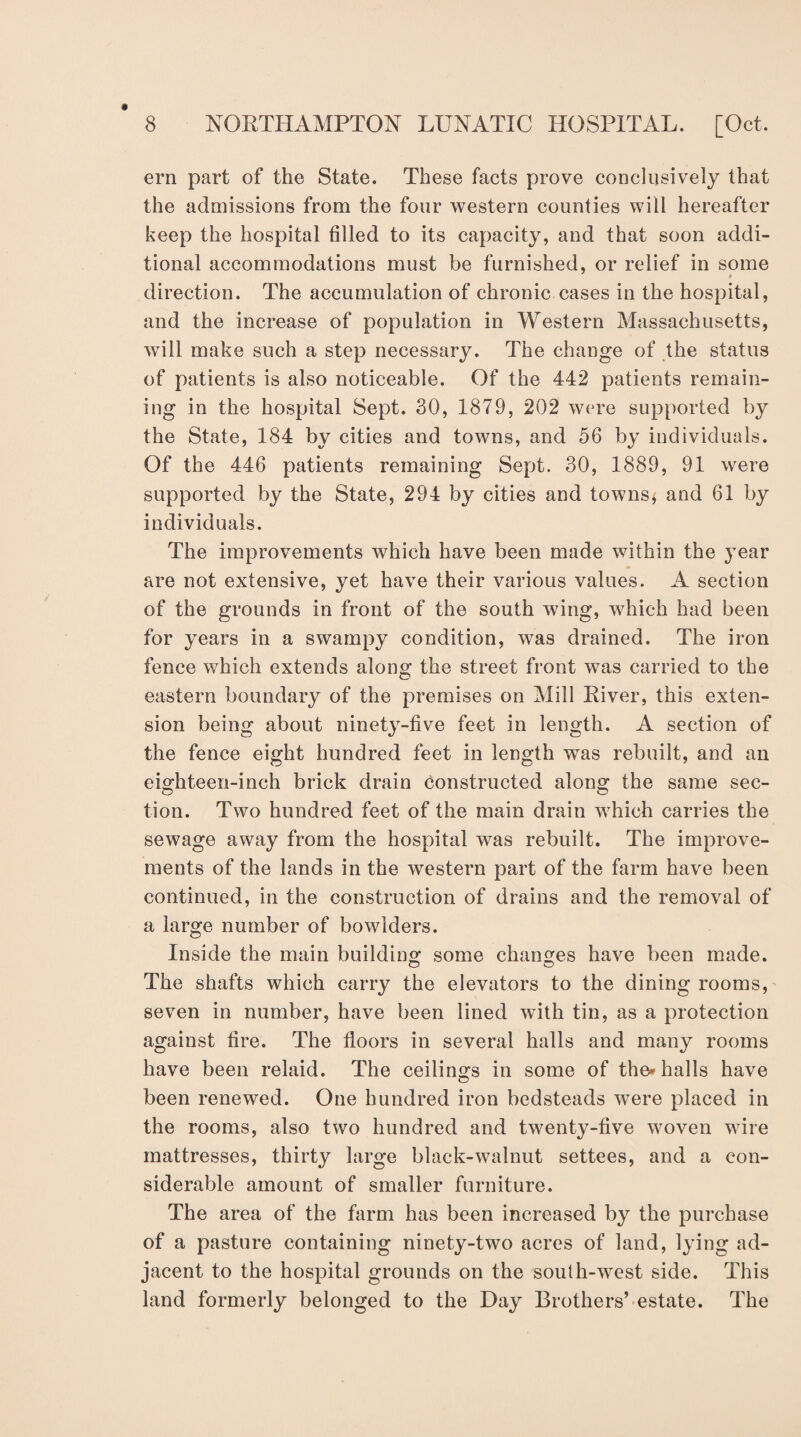 ern part of the State. These facts prove conclusively that the admissions from the four western counties will hereafter keep the hospital filled to its capacity, and that soon addi¬ tional accommodations must be furnished, or relief in some f direction. The accumulation of chronic cases in the hospital, and the increase of population in Western Massachusetts, will make such a step necessary. The change of the status of patients is also noticeable. Of the 442 patients remain¬ ing in the hospital Sept. 30, 1879, 202 were supported by the State, 184 by cities and towns, and 56 by individuals. Of the 446 patients remaining Sept. 30, 1889, 91 were supported by the State, 294 by cities and towns * and 61 by individuals. The improvements which have been made within the year are not extensive, yet have their various values. A section of the grounds in front of the south wing, which had been for years in a swampy condition, was drained. The iron fence which extends along the street front was carried to the eastern boundary of the premises on Mill River, this exten¬ sion being about ninety-five feet in length. A section of the fence eight hundred feet in length was rebuilt, and an eighteen-inch brick drain constructed along the same sec- tion. Two hundred feet of the main drain which carries the sewage away from the hospital was rebuilt. The improve¬ ments of the lands in the western part of the farm have been continued, in the construction of drains and the removal of a large number of bowlders. Inside the main building some changes have been made. The shafts which carry the elevators to the dining rooms, seven in number, have been lined with tin, as a protection against fire. The floors in several halls and many rooms have been relaid. The ceilings in some of the* halls have © been renewed. One hundred iron bedsteads were placed in the rooms, also two hundred and twenty-five woven wire mattresses, thirty large black-walnut settees, and a con¬ siderable amount of smaller furniture. The area of the farm has been increased by the purchase of a pasture containing ninety-two acres of land, lying ad¬ jacent to the hospital grounds on the soulh-west side. This land formerly belonged to the Day Brothers’ estate. The