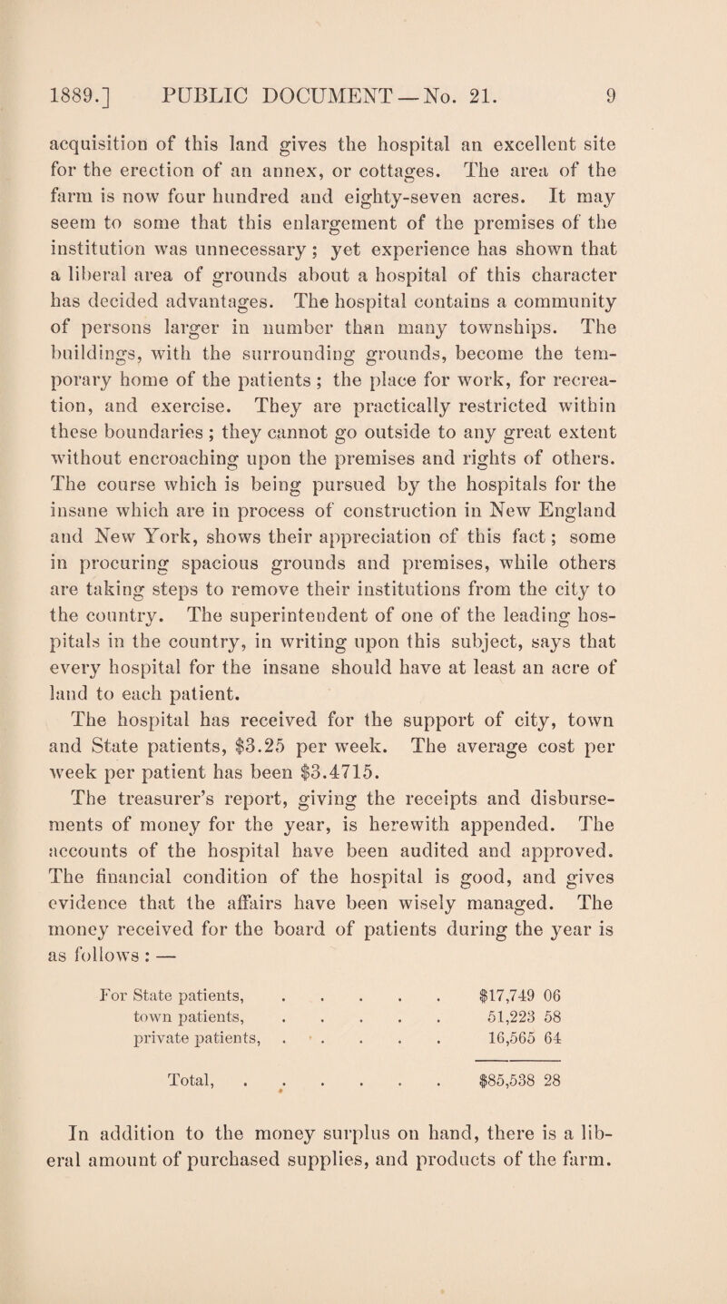 acquisition of this land gives the hospital an excellent site for the erection of an annex, or cottages. The area of the farm is now four hundred and eighty-seven acres. It may seem to some that this enlargement of the premises of the institution was unnecessary; yet experience has shown that a liberal area of grounds about a hospital of this character has decided advantages. The hospital contains a community of persons larger in number than many townships. The buildings, with the surrounding grounds, become the tem¬ porary home of the patients ; the place for work, for recrea¬ tion, and exercise. They are practically restricted within these boundaries ; they cannot go outside to any great extent without encroaching upon the premises and rights of others. The course which is being pursued by the hospitals for the insane which are in process of construction in New England and New York, shows their appreciation of this fact; some in procuring spacious grounds and premises, while others are taking steps to remove their institutions from the city to the country. The superintendent of one of the leading hos¬ pitals in the country, in writing upon this subject, says that every hospital for the insane should have at least an acre of land to each patient. The hospital has received for the support of city, town and State patients, $3.25 per week. The average cost per week per patient has been $3.4715. The treasurer’s report, giving the receipts and disburse¬ ments of money for the year, is herewith appended. The accounts of the hospital have been audited and approved. The financial condition of the hospital is good, and gives evidence that the affairs have been wisely managed. The money received for the board of patients during the year is as follows : — For State patients, ..... $17,749 06 town patients,. 51,223 58 private patients, ..... 16,565 64 Total,.$85,538 28 In addition to the money surplus on hand, there is a lib¬ eral amount of purchased supplies, and products of the farm.