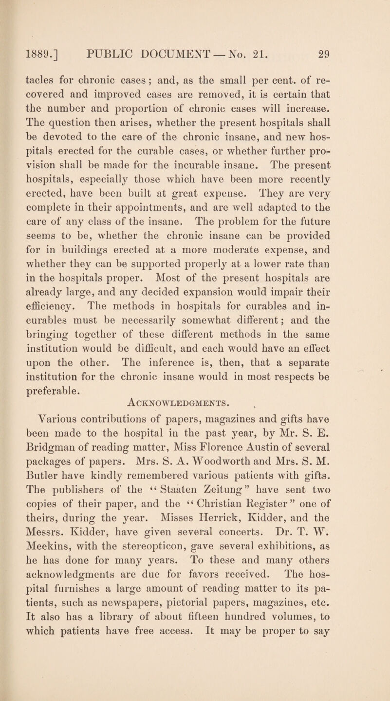 tacles for chronic cases; and, as the small per cent, of re¬ covered and improved cases are removed, it is certain that the number and proportion of chronic cases will increase. The question then arises, whether the present hospitals shall be devoted to the care of the chronic insane, and new hos¬ pitals erected for the curable cases, or whether further pro¬ vision shall be made for the incurable insane. The present hospitals, especially those which have been more recently erected, have been built at great expense. They are very complete in their appointments, and are well adapted to the care of any class of the insane. The problem for the future seems to be, whether the chronic insane can be provided for in buildings erected at a more moderate expense, and whether they can be supported properly at a lower rate than in the hospitals proper. Most of the present hospitals are already large, and any decided expansion would impair their efficiency. The methods in hospitals for curables and in¬ curables must be necessarily somewhat different; and the bringing together of these different methods in the same institution would be difficult, and each would have an effect upon the other. The inference is, then, that a separate institution for the chronic insane would in most respects be preferable. Acknowledgments. Various contributions of papers, magazines and gifts have been made to the hospital in the past year, by Mr. S. E. Bridgman of reading matter, Miss Florence Austin of several packages of papers. Mrs. S. A. Woodworth and Mrs. S. M. Butler have kindly remembered various patients with gifts. The publishers of the “ Staaten Zeitung” have sent two copies of their paper, and the “ Christian Register” one of theirs, during the year. Misses Herrick, Kidder, and the Messrs. Kidder, have given several concerts. Dr. T. W. Meekins, with the stereopticon, gave several exhibitions, as he has done for many years. To these and many others acknowledgments are due for favors received. The hos- pital furnishes a large amount of reading matter to its pa¬ tients, such as newspapers, pictorial papers, magazines, etc. It also has a library of about fifteen hundred volumes, to which patients have free access. It may be proper to say