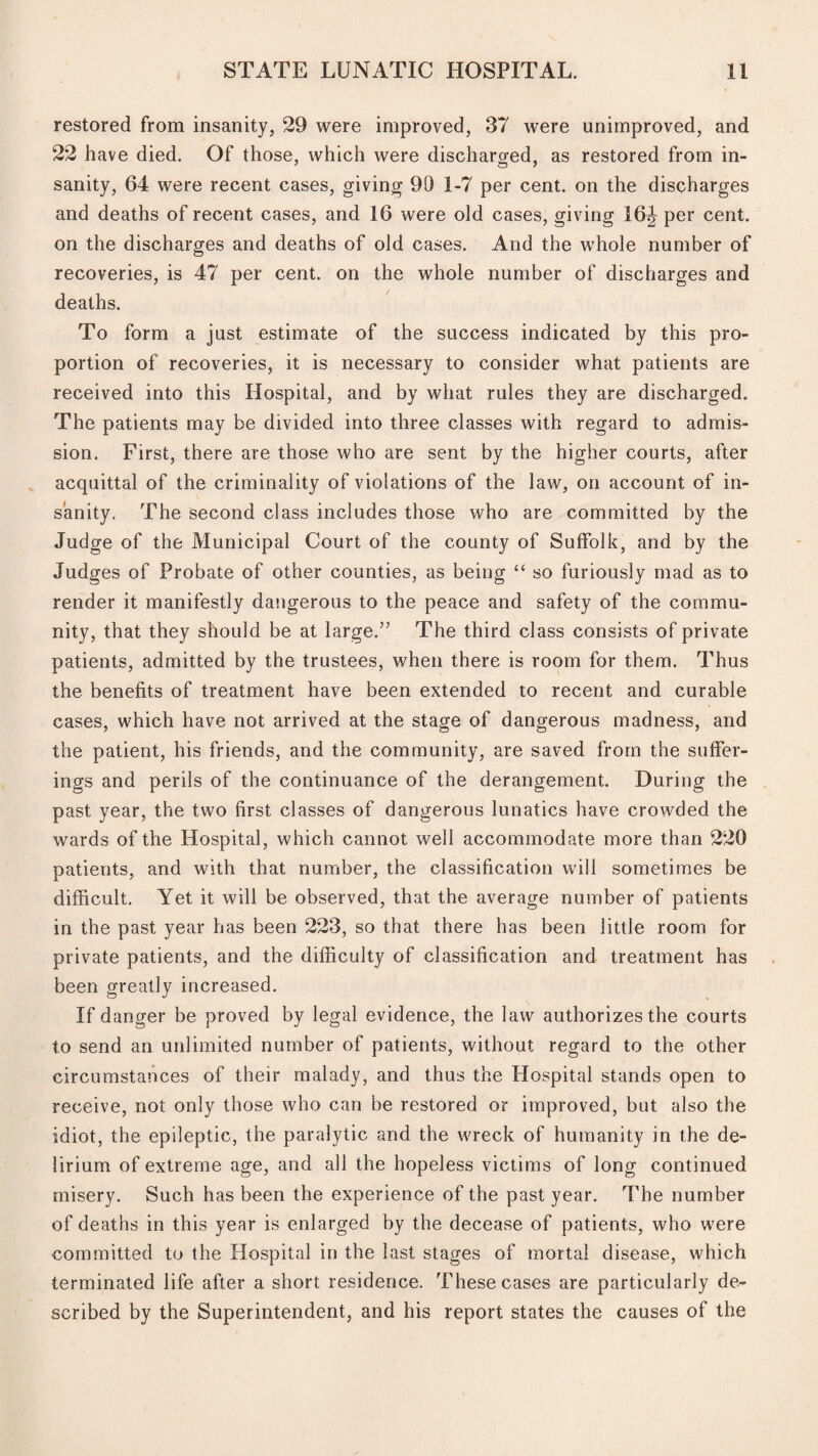 restored from insanity, 29 were improved, 37 were unimproved, and 22 have died. Of those, which were discharged, as restored from in¬ sanity, 64 were recent cases, giving 90 1-7 per cent, on the discharges and deaths of recent cases, and 16 were old cases, giving 16J per cent, on the discharges and deaths of old cases. And the whole number of recoveries, is 47 per cent, on the whole number of discharges and deaths. To form a just estimate of the success indicated by this pro¬ portion of recoveries, it is necessary to consider what patients are received into this Hospital, and by what rules they are discharged. The patients may be divided into three classes with regard to admis¬ sion. First, there are those who are sent by the higher courts, after acquittal of the criminality of violations of the law, on account of in¬ sanity. The second class includes those who are committed by the Judge of the Municipal Court of the county of Suffolk, and by the Judges of Probate of other counties, as being “ so furiously mad as to render it manifestly dangerous to the peace and safety of the commu¬ nity, that they should be at large.’’ The third class consists of private patients, admitted by the trustees, when there is room for them. Thus the benefits of treatment have been extended to recent and curable cases, which have not arrived at the stage of dangerous madness, and the patient, his friends, and the community, are saved from the suffer¬ ings and perils of the continuance of the derangement. During the past year, the two first classes of dangerous lunatics have crowded the wards of the Hospital, which cannot well accommodate more than 220 patients, and with that number, the classification will sometimes be difficult. Yet it will be observed, that the average number of patients in the past year has been 223, so that there has been little room for private patients, and the difficulty of classification and treatment has been greatly increased. If danger be proved by legal evidence, the law authorizes the courts to send an uidimited number of patients, without regard to the other circumstances of their malady, and thus the Hospital stands open to receive, not only those who can be restored or improved, but also the idiot, the epileptic, the paralytic and the wreck of humanity in the de¬ lirium of extreme age, and all the hopeless victims of long continued misery. Such has been the experience of the past year. The number of deaths in this year is enlarged by the decease of patients, who were committed to the Hospital in the last stages of mortal disease, which terminated life after a short residence. These cases are particularly de¬ scribed by the Superintendent, and his report states the causes of the