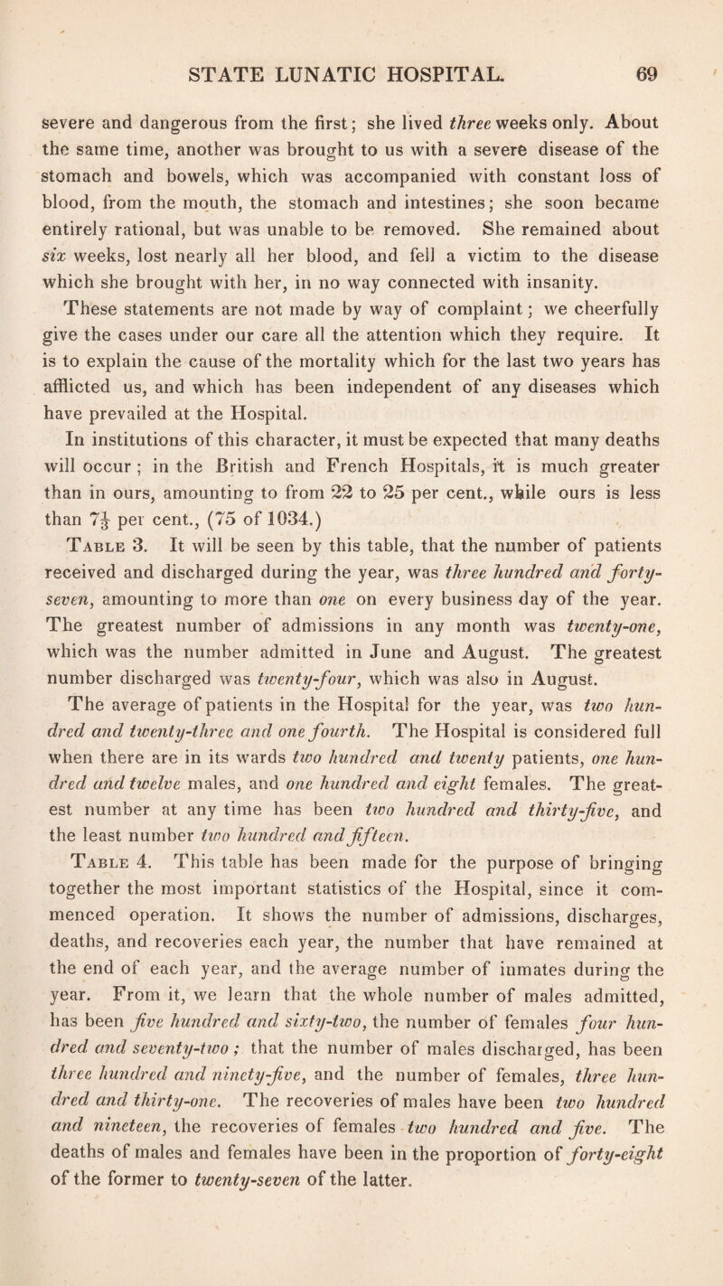 severe and dangerous from the first; she lived three weeks only. About the same time, another was brought to us with a severe disease of the stomach and bowels, which was accompanied with constant loss of blood, from the mouth, the stomach and intestines; she soon became entirely rational, but was unable to be removed. She remained about six weeks, lost nearly all her blood, and fell a victim to the disease which she brought with her, in no way connected with insanity. These statements are not made by way of complaint; we cheerfully give the cases under our care all the attention which they require. It is to explain the cause of the mortality which for the last two years has afflicted us, and which has been independent of any diseases which have prevailed at the Hospital. In institutions of this character, it must be expected that many deaths will occur ; in the British and French Hospitals, it is much greater than in ours, amounting to from 22 to 25 per cent., while ours is less than per cent., (75 of 1034.) Table 3. It will be seen by this table, that the number of patients received and discharged during the year, was three hundred and forty- seven, amounting to more than one on every business day of the year. The greatest number of admissions in any month was twenty-one, which was the number admitted in June and August. The greatest number discharged was twenty-four, which was also in August. The average of patients in the Hospital for the year, Vv^as two hun¬ dred and twenty-three and one fourth. The Hospital is considered full when there are in its wards tioo hundred and twenty patients, one hun¬ dred and twelve males, and one hundred and eight females. The great¬ est number at any time has been tivo hundred and thirty-five, and the least number two hundred and fifteen. Table 4. This table has been made for the purpose of bringing together the most important statistics of the Hospital, since it com¬ menced operation. It shows the number of admissions, discharges, deaths, and recoveries each year, the number that have remained at the end of each year, and the average number of inmates during the year. From it, we learn that the whole number of males admitted, has been five hundred and sixty-two, the number of females four hun¬ dred and seventy-two; that the number of males discharged, has been three hundred and ninety-five, and the number of females, three hun¬ dred and thirty-one. The recoveries of males have been two hundred and nineteen, ihei recoveries of femaleshundred and five. The deaths of males and females have been in the proportion of forty-eight of the former to twenty-seven of the latter.