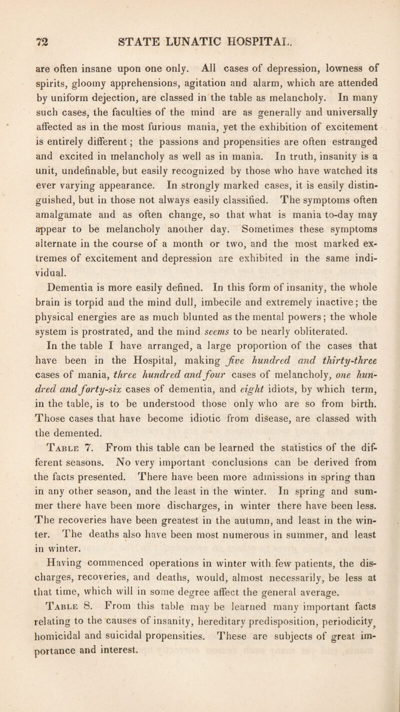 are often insane upon one only. All cases of depression, lowness of spirits, gloomy apprehensions, agitation and alarm, which are attended by uniform dejection, are classed in the table as melancholy. In many such cases, the faculties of the mind are as generally and universally affected as in the most furious mania, yet the exhibition of excitement is entirely different; the passions and propensities are often estranged and excited in melancholy as well as in mania. In truth, insanity is a unit, undefinable, but easily recognized by those who have watched its ever varying appearance. In strongly marked cases, it is easily distin¬ guished, but in those not always easily classified. The symptoms often amalgamate and as often change, so that what is mania to-day may appear to be melancholy another day. Sometimes these symptoms alternate in the course of a month or two, and the most marked ex¬ tremes of excitement and depression are exhibited in the same indi¬ vidual. Dementia is more easily defined. In this form of insanity, the whole brain is torpid and the mind dull, imbecile and extremely inactive; the physical energies are as much blunted as the mental powers; the whole system is prostrated, and the mind seems to be nearly obliterated. In the table I have arranged, a large proportion of the cases that have been in the Hospital, making Jive hundred and thirty-three cases of mania, three hundred and four cases of melancholy, one hun¬ dred and forty-six cases of dementia, and eight idiots, by which term, in the table, is to be understood those only who are so from birth. Those cases that have become idiotic from disease, are classed with the demented. Table 7. From this table can be learned the statistics of the dif¬ ferent seasons. No very important conclusions can be derived from the facts presented. There have been more admissions in spring than in any other season, and the least in the winter. In spring and sum¬ mer there have been more discharges, in winter there have been less. The recoveries have been greatest in the autumn, and least in the win¬ ter. The deaths also have been most numerous in summer, and least in winter. Having commenced operations in winter with few patients, the dis¬ charges, recoveries, and deaths, would, almost necessarily, be less at that time, which will in some degree affect the general average. Table 8. From this table may be learned many important facts relating to the causes of insanity, hereditary predisposition, periodicity homicidal and suicidal propensities. These are subjects of great im¬ portance and interest.