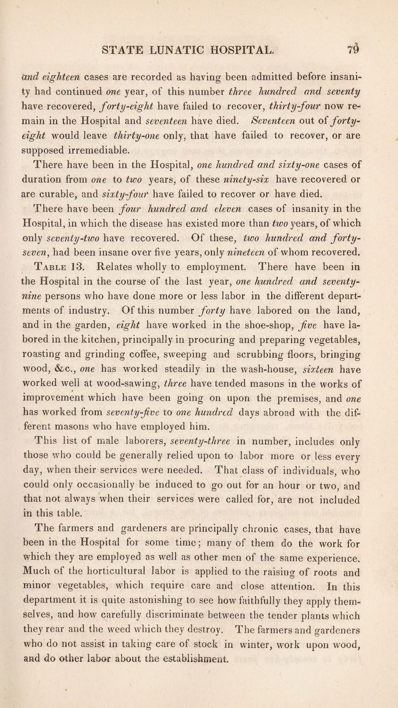land eighteen cases are recorded as having been admitted before insani¬ ty had continued one year, of this number three hundred and seventy have recovered, forty-eight have failed to recover, thirty-four noAV re¬ main in the Hospital and seventeen have died. Seventeen out of forty- eight would leave thirty-one only, that have failed to recover, or are supposed irremediable. There have been in the Hospital, one hundred and sixty-one cases of duration from one to two years, of these ninety-six have recovered or are curable, and sixty four have failed to recover or have died. There have been four hundred and eleven cases of insanity in the Hospital, in which the disease has existed more than tivo years, of which only seventy-two have recovered. Of these, two hundred and forty- seven, had been insane over five years, only nineteen of whom recovered. Table 13. Relates wholly to employment. There have been in the Hospital in the course of the last year, one hundred and seventy- nine persons who have done more or less labor in the different depart¬ ments of industry. Of this number forty have labored on the land, and in the garden, eight have worked in the shoe-shop, five have la¬ bored in the kitchen, principally in procuring and preparing vegetables, roasting and grinding coffee, sweeping and scrubbing floors, bringing wood, &:/C,, one has worked steadily in the wash-house, sixteen have worked well at wood-sawing, three have tended masons in the works of improvement which have been going on upon the premises, and one has worked from seventy-five to one hundred days abroad with the dif¬ ferent masons who have employed him. This list of male laborers, seventy-three in number, includes only those who could be generally relied upon to labor more or less every day, when their services were needed. That class of individuals, who could only occasionally be induced to go out for an hour or two, and that not always when their services were called for, are not included in this table. The farmers and gardeners are principally chronic cases, that have been in the Hospital for some time; many of them do the work for which they are employed as well as other men of the same experience. Much of the horticultural labor is applied to the raising of roots and minor vegetables, which require care and close attention. In this department it is quite astonishing to see how faithfully they apply them¬ selves, and how carefully discriminate between the tender plants which they rear and the weed which they destroy. The farmers and gardeners who do not assist in taking care of stock in winter, work upon wood, and do other labor about the establishment.