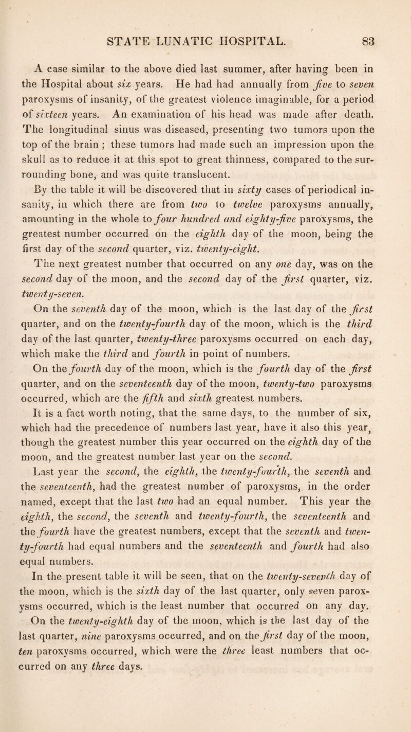 A case similar to the above died last summer, after having been in the Hospital about six years. He had had annually from Jive to seven paroxysms of insanity, of the greatest violence imaginable, for a period of sixteen years. An examination of his head was made after death. The longitudinal sinus was diseased, presenting two tumors upon the top of the brain ; these tumors had made such an impression upon the skull as to reduce it at this spot to great thinness, compared to the sur¬ rounding bone, and was quite translucent. By the table it will be discovered that in sixty cases of periodical in¬ sanity, in which there are from Uvo to twelve paroxysms annually, amounting in the whole four hundred and eighty Jive paroxysms, the greatest number occurred on the eighth day of the moon, being the first day of the second quarter, viz. tiventy-eight. The next greatest number that occurred on any one day, was on the second day of the moon, and the second day of the first quarter, viz. twerdy-seven. On the seventh day of the moon, which is the last day of the first quarter, and on the twenty-fourth day of the moon, which is the third day of the last quarter, twenty-three paroxysms occurred on each day, which make the third and fourth in point of numbers. On fourth day of the moon, which is the fourth day of the first quarter, and on the seventeenth day of the moon, twenty-two paroxysms occurred, which are the fifth and sixth greatest numbers. It is a fact worth noting, that the same days, to the number of six, which had the precedence of numbers last year, have it also this year^ though the greatest number this year occurred on the eighth day of the moon, and the greatest number last year on the second. Last year the second, the eighth, the tiocnty-fourth, the seventh and the seventeenth, had the greatest number of paroxysms, in the order named, except that the last tivo had an equal number. This year the eighth, the second, the seventh and tiventy-fourth, the seventeenth and ihe fourth have the greatest numbers, except that the seventh and twen- ty-fourth had equal numbers and the seventeenth and fourth had also equal numbers. In the present table it will be seen, that on the twenty-seventh day of the moon, which is the sixth day of the last quarter, only seven parox¬ ysms occurred, which is the least number that occurred on any day. On the twenty-eighth day of the moon, which is the last day of the last quarter, nine paroxysms occurred, and on the first day of the moon, ten paroxysms occurred, which were the three least numbers that oc¬ curred on any three days.