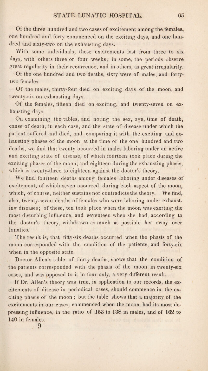 Of the three hundred and two cases of excitement among the females, one hundred and forty commenced on the exciting days, and one hun¬ dred and sixty-two on the exhausting days. With some individuals, these excitements last from three to six days, with others three or four weeks; in some, the periods observe great regularity in their recurrence, and in others, as great irregularity. Of the one hundred and two deaths, sixty were of males, and forty- two females. Of the males, thirty-four died on exciting days of the moon, and twenty-six on exhausting days. Of the females, fifteen died on exciting, and twenty-seven on ex¬ hausting days. On examining the tables, and noting the sex, age, time of death, cause of death, in each case, and the state of disease under which the patient suffered and died, and comparing it with the exciting and ex¬ hausting phases of the moon at the time of the one hundred and two deaths, we find that twenty occurred in males laboring under an active and exciting state of disease, of which fourteen took place during the exciting phases of the moon, and eighteen during the exhausting phasis, which is twenty-three to eighteen against the doctor’s theory. We find fourteen deaths among females laboring under diseases of excitement, of which seven occurred during each aspect of the moon, which, of course, neither sustains nor contradicts the theory. We find, also, twenty-seven deaths of females who were laboring under exhaust¬ ing diseases; of these, ten took place when the moon was exerting the most disturbing influence, and seventeen when she had, according to the doctor’s theory, withdrawn as much as possible her sway over lunatics. The result is, that fifty-six deaths occurred when the phasis of the moon corresponded with the condition of the patients, and forty-six when in the opposite state. Doctor Allen’s table of thirty deaths, shows that the condition of the patients corresponded with the phasis of the moon in twenty-six cases, and was opposed to it in four only, a very different result. If Dr. Allen’s theory was true, in application to our records, the ex¬ citements of disease in periodical cases, should commence in the ex¬ citing phasis of the moon ; but the table shows that a majority of the excitements in our cases, commenced when the moon had its most de¬ pressing influence, in the ratio of 153 to 138 in males, and of 162 to 140 in females. 9
