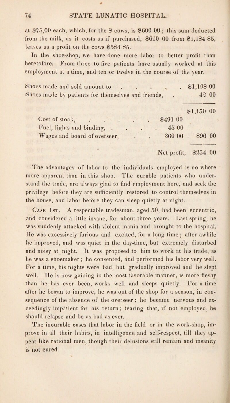 at $75,00 each, which, for the 8 cows, is $600 00 ; this sum deducted from the milk, as it costs us if purchased, $600 00 from $i,184 85, leaves us a profit on the cows $584 85. In the shoe-shop, we have done more labor to better profit than heretofore. From three to five patients have usually worked at this employment at a time, and ten or twelve in the course of the year. Shoes made and sold amount to .... $1,108 00 Shoes made by patients for themselves and friends, . 42 00 $1, !50 00 Cost of stock, ..... $491 00 i Fuel, lights and binding, . . . 45 00 Wages and board of overseer, . . 360 00 896 00 Net profit, $254 00 The advantages of labor to the individuals employed is no where more apparent than in this shop. The curable patients who under¬ stand the trade, are always glad to find employment here, and seek the privilege before they are sufficiently restored to control themselves in the house, and labor before they can sleep quietly at night. Case 1st. A respectable tradesman, aged 50, had been eccentric, and considered a little insane, for about three years. Last spring, he was suddenly attacked with violent mania and brought to the hospital. Fie was excessively furious and excited, for a long time ; after awhile he improved, and was quiet in the day-time, but extremely disturbed and noisy at night. It was proposed to him to work at his trade, as he was a shoemaker; he consented, and performed his labor very well. For a time, his nights were bad, but gradually improved and he slept well. He is now gaining in the most favorable manner, is more fleshy than he has ever been, works well and sleeps quietly. For a time after he began to improve, he was out of the shop for a season, in con¬ sequence of the absence of the overseer ; he became nervous and ex¬ ceedingly impatient for his return; fearing that, if not employed, he should relapse and be as bad as ever. The incurable cases that labor in the field or in the work-shop, im¬ prove in all their habits, in intelligence and self-respect, till they ap¬ pear like rational men, though their delusions still remain and insanity is not cured.