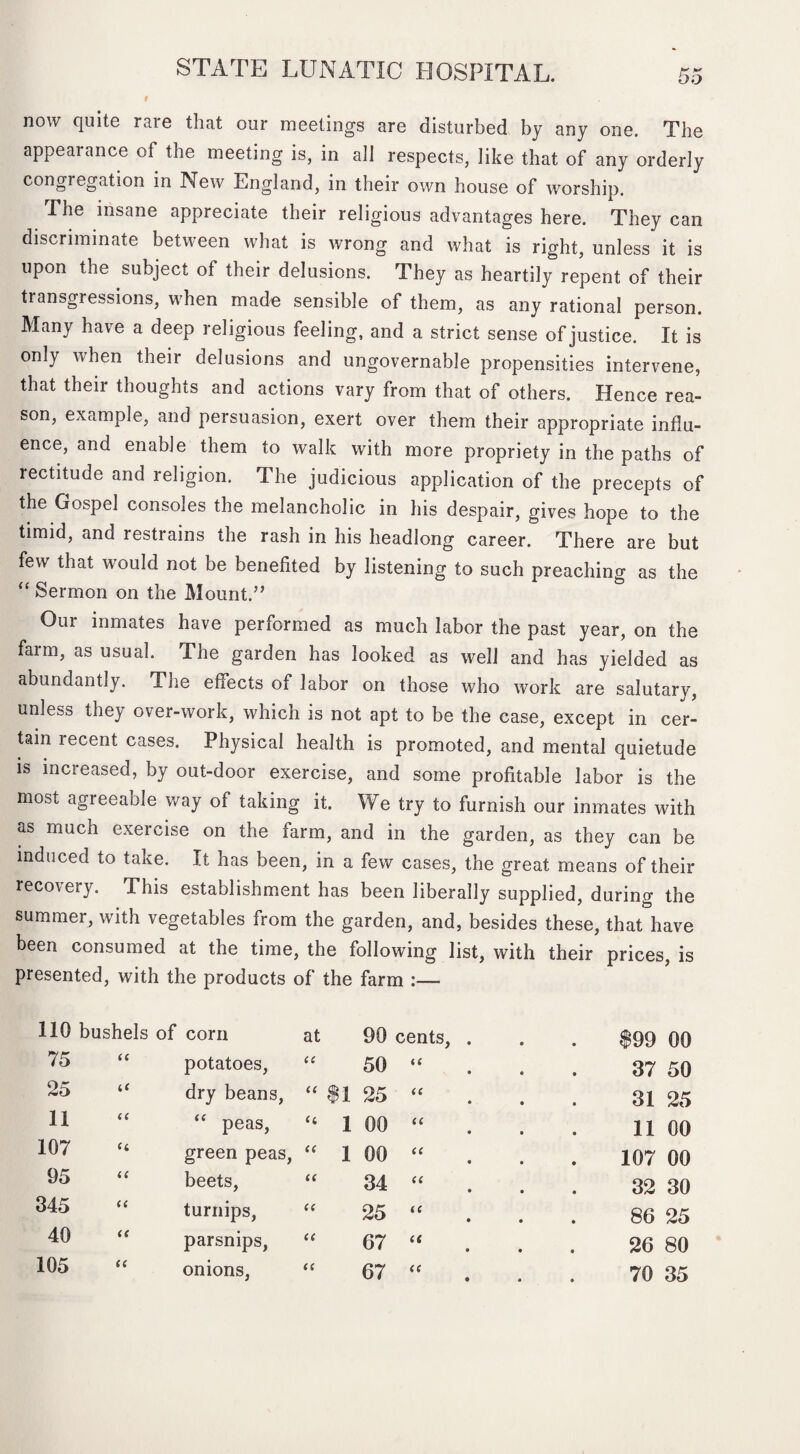DO ^ ui eetings are disturbed by any one. The appearance of the meeting is, in all respects, like that of any orderly congregation in New England, in their own house of worship. The insane appreciate their religious advantages here. They can discriminate between what is wrong and what is right, unless it is upon the subject of their delusions. They as heartily repent of their transgressions, when made sensible of them, as any rational person. Many have a deep religious feeling, and a strict sense of justice. It is only when their delusions and ungovernable propensities intervene, that their thoughts and actions vary from that of others. Hence rea¬ son, example, and persuasion, exert over them their appropriate influ¬ ence, and enable them to walk with more propriety in the paths of rectitude and religion. The judicious application of the precepts of the Gospel consoles the melancholic in his despair, gives hope to the timid, and restrains the rash in his headlong career. There are but few that would not be benefited by listening to such preaching as the “ Sermon on the Mount.” Our inmates have performed as much labor the past year, on the farm, as usual. The garden has looked as well and has yielded as abundantly. The effects of labor on those who work are salutary, unless they over-work, which is not apt to be the case, except in cer¬ tain recent cases. Physical health is promoted, and mental quietude is increased, by out-door exercise, and some profitable labor is the most agreeable way of taking it. We try to furnish our inmates with as much exercise on the farm, and in the garden, as they can be induced to take. It has been, in a few cases, the great means of their recovery. This establishment has been liberally supplied, during the summer, with vegetables from the garden, and, besides these, that have been consumed at the time, the following list, with their prices, is presented, with the products of the farm :— 110 bushels of corn at 90 cents, . $99 00 75 u potatoes, “ 50 “ 37 50 25 it dry beans, “ $1 25 “ 31 25 11 (C “ peas, “ 1 00 “ 11 00 107 a green peas, “ 1 00 “ 107 00 95 a beets, “ 34 “ 32 30 345 tc turnips, “ 25 “ 86 25 40 tt parsnips, “ 67 “ 26 80 105 a