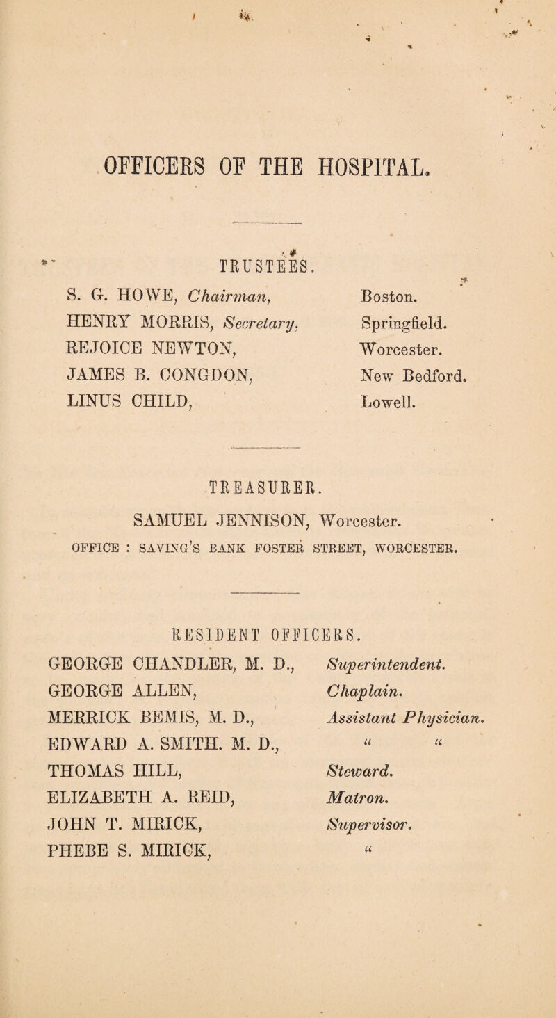 OFFICERS OF THE HOSPITAL. TRUSTEES. S. G. HOWE, Chairman, HENRY MORRIS, Secretary, REJOICE NEWTON, JAMES B. CONGDON, LINUS CHILD, Boston. Springfield. Worcester. New Bedford. Lowell. TREASURER. SAMUEL JENNISON, Worcester. OFFICE : SAYING’S BANK FOSTER STREET, WORCESTER. RESIDENT OFFICERS. GEORGE CHANDLER, M. D., GEORGE ALLEN, MERRICK BEAUS, M. D., EDWARD A. SMITH. M. D., THOMAS HILL, ELIZABETH A. REID, JOHN T. MIRICK, PHEBE S. MIRICK, Sup erintendent. Chaplain. Assistant Physician. u u Steward. Matron. Supervisor. u