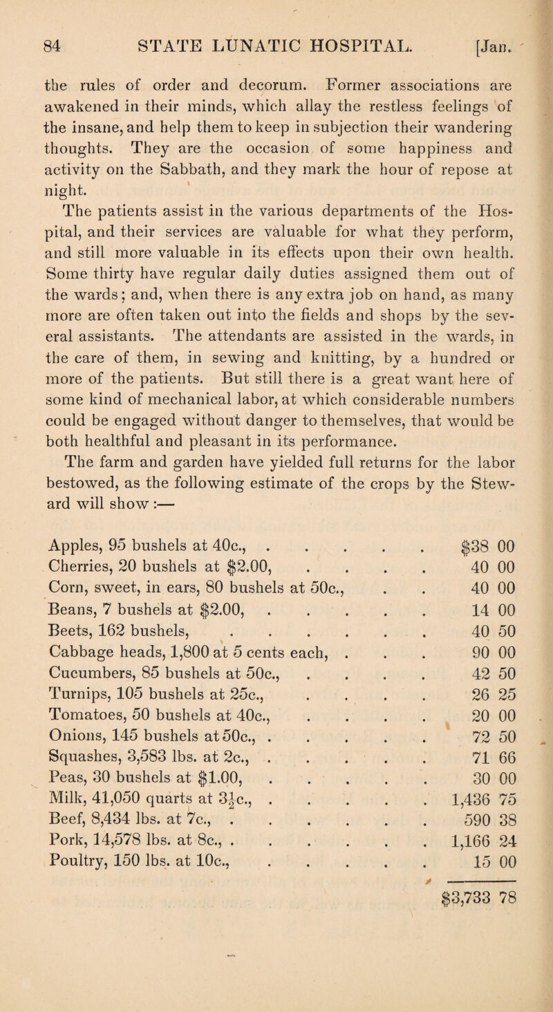 the rales of order and decorum. Former associations are awakened in their minds, which allay the restless feelings of the insane, and help them to keep in subjection their wandering thoughts. They are the occasion of some happiness and activity on the Sabbath, and they mark the hour of repose at night. The patients assist in the various departments of the Hos¬ pital, and their services are valuable for what they perform, and still more valuable in its effects upon their own health. Some thirty have regular daily duties assigned them out of the wards; and, when there is any extra job on hand, as many more are often taken out into the fields and shops by the sev¬ eral assistants. The attendants are assisted in the wards, in j the care of them, in sewing and knitting, by a hundred or more of the patients. But still there is a great want here of some kind of mechanical labor, at which considerable numbers could be engaged without danger to themselves, that would be both healthful and pleasant in its performance. The farm and garden have yielded full returns for the labor bestowed, as the following estimate of the crops by the Stew¬ ard will show:— Apples, 95 bushels at 40c.,.$38 00 Cherries, 20 bushels at $2.00, . . . . 40 00 Corn, sweet, in ears, 80 bushels at 50c., . . 40 00 Beans, 7 bushels at $2.00, ..... 14 00 Beets, 162 bushels, ...... 40 50 Cabbage heads, 1,800 at 5 cents each, . . . 90 00 Cucumbers, 85 bushels at 50c., .... 42 50 Turnips, 105 bushels at 25c., .... 26 25 Tomatoes, 50 bushels at 40c., .... 20 00 Onions, 145 bushels at 50c., ..... 72 50 Squashes, 3,583 lbs. at 2c.,.71 66 Peas, 30 bushels at $1.00,. 30 00 Milk, 41,050 quarts at 31c.,. 1,436 75 Beef, 8,434 lbs. at 7c., ...... 590 38 Pork, 14,578 lbs. at 8c., ...... 1,166 24 Poultry, 150 lbs. at 10c., ..... 15 00 $3,733 78