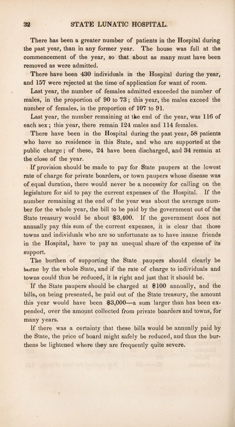 There has been a greater number of patients in the Hospital during the past year, than in any former year. The house was full at the commencement of the year, so that about as many must have been removed as were admitted. There have been 430 individuals in the Hospital during the year, and 157 were rejected at the time of application for want of room. Last year, the number of females admitted exceeded the number of males, in the proportion of 90 to 73; this year, the males exceed the number of females, in the proportion of 107 to 91. Last year, the number remaining at the end of the year, was 116 of each sex; this year, there remain 124 males and 114 females. There have been in the Hospital during the past year, 58 patients who have no residence in this State, and who are supported at the public charge; of these, 24 have been discharged, and 34 remain at the close of the year. If provision should be made to pay for State paupers at the lowest rate of charge for private boarders, or town paupers whose disease was of equal duration, there would never be a necessity for calling on the legislature for aid to pay the current expenses of the Hospital. If the number remaining at the end of the year was about the average num¬ ber for the whole year, the bill to be paid by the government out of the State treasury would be about $3,400. If the government does not annually pay this sum of the current expenses, it is clear that those towns and individuals who are so unfortunate as to have insane friends in the Hospital, have to pay an unequal share of the expense of its support. The burthen of supporting the State paupers should clearly be borne by the whole State, and if the rate of charge to individuals and towns could thus be reduced, it is right and just that it should be. If the State paupers should be charged at $100 annually, and the bills, on being presented, be paid out of the State treasury, the amount this year would have been $3,000—a sum larger than has been ex¬ pended, over the amount collected from private boarders and towns, for many years. If there was a certainty that these bills would be annually paid by the State, the price of board might safely be reduced, and thus the bur¬ thens be lightened where they are frequently quite severe.